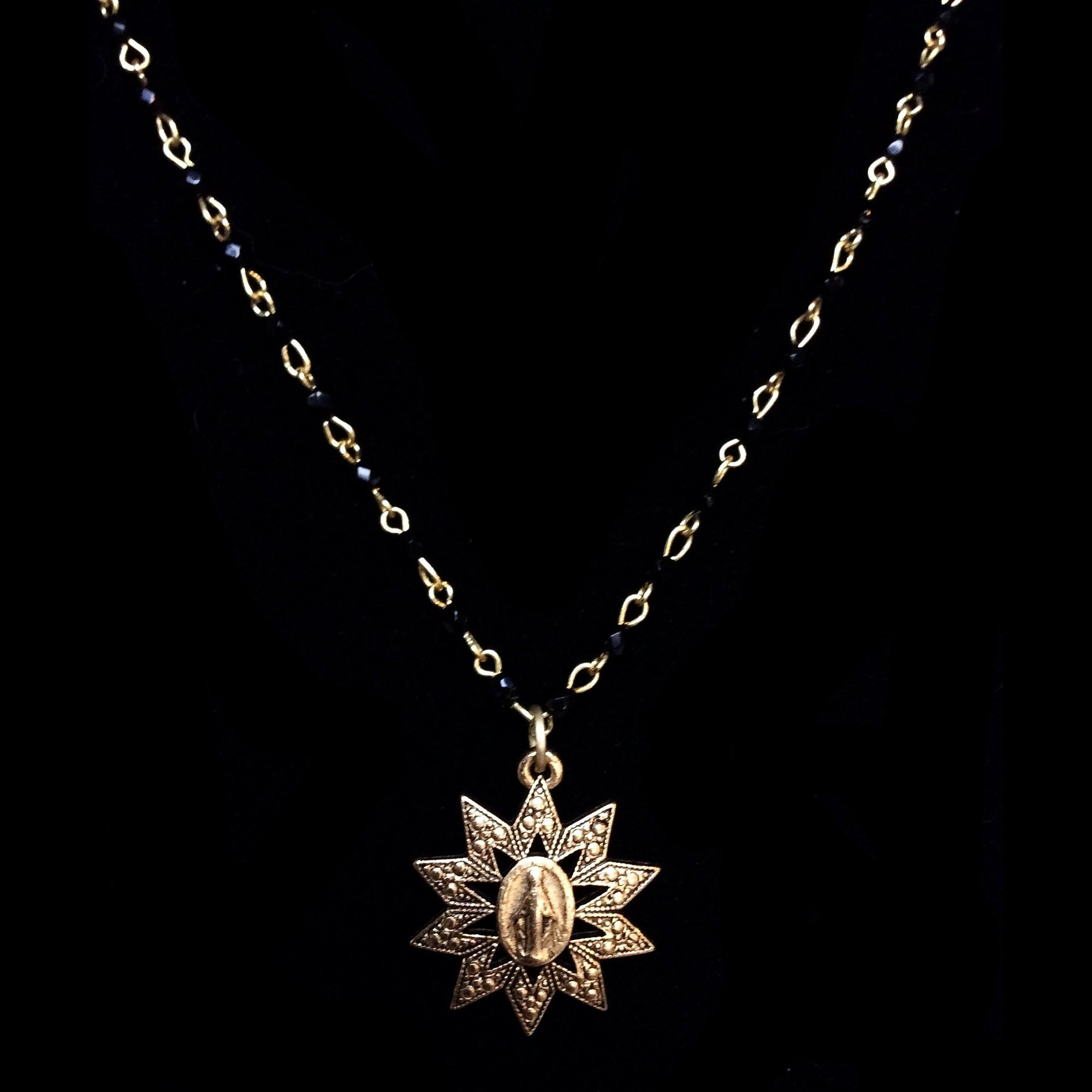 Forgotten Graces "Miraculous Rays" Medal in Black Jet and Gold Necklace
