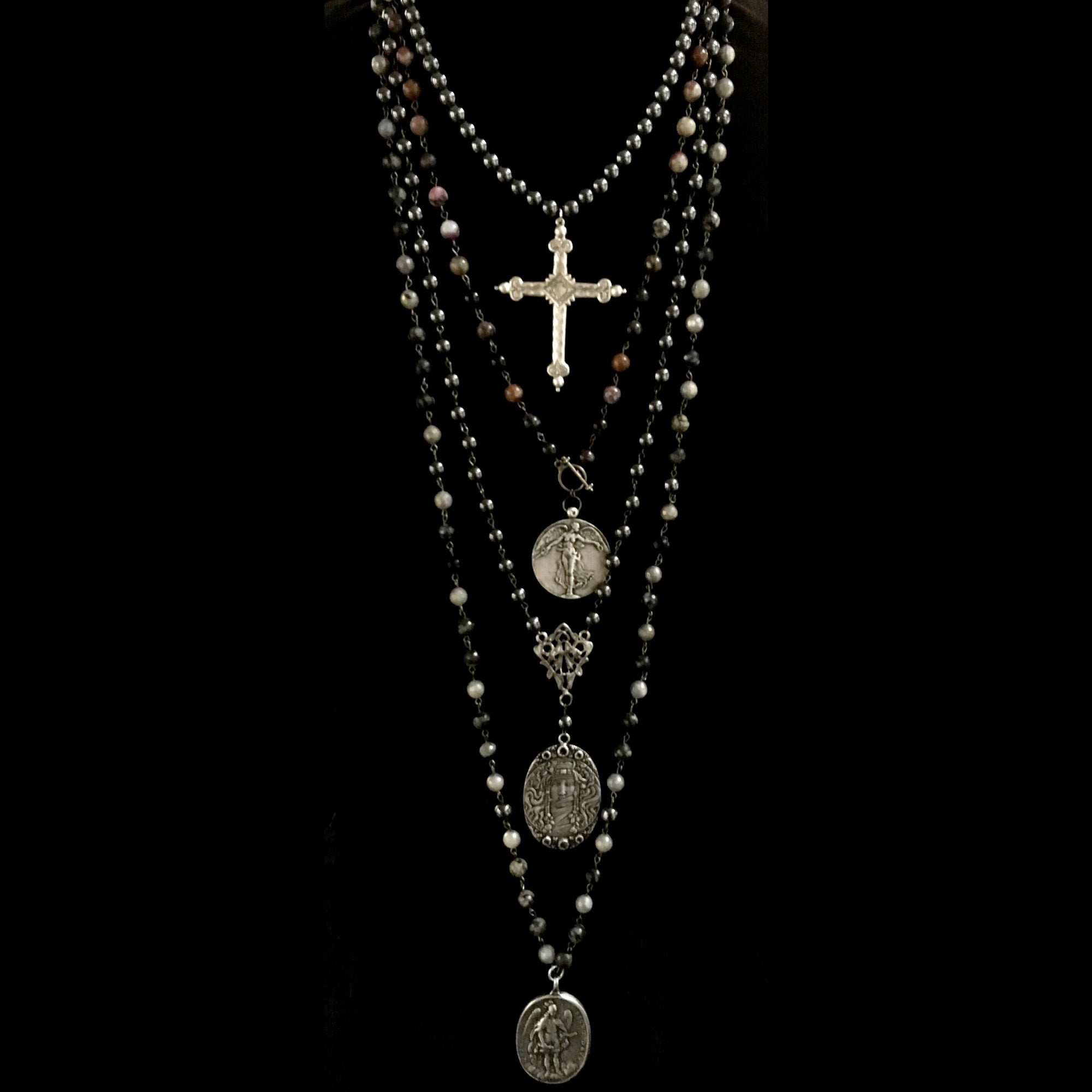 Hematite Silver Sacred Heart Cross Necklace by Whispering Goddess