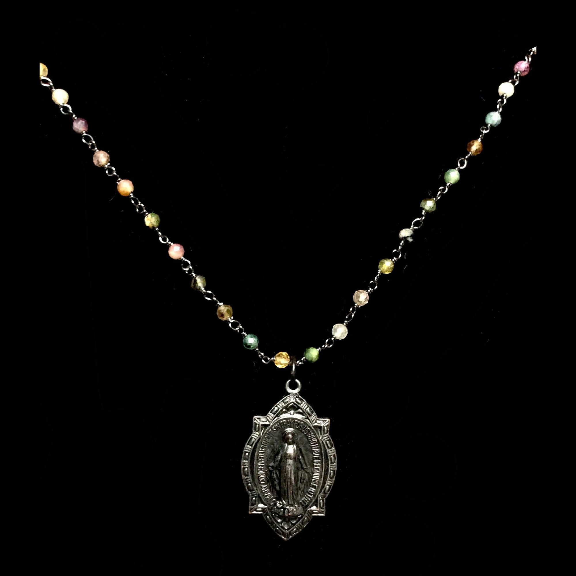 Forgotten Graces Black Miraculous Medal in Watermelon Tourmlaine  and Gunmetal Necklace