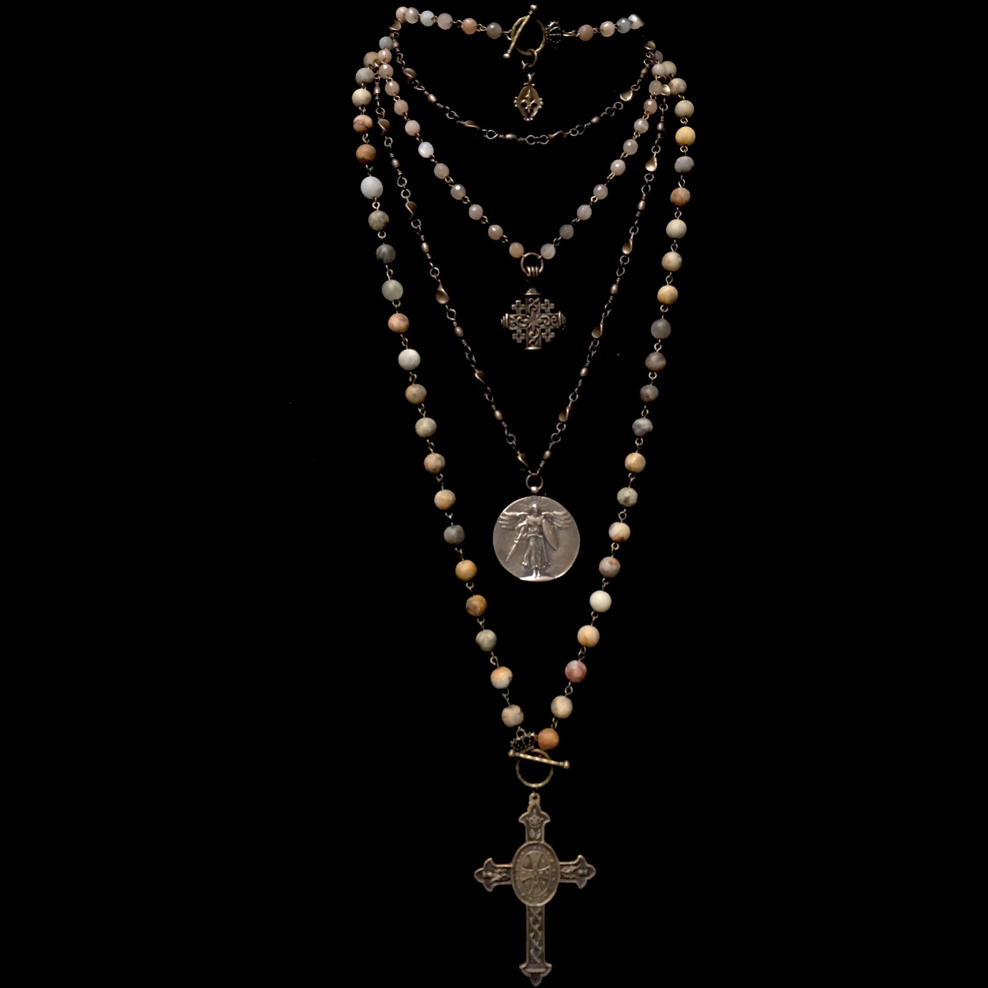 Pilgrim's Cross with Fleur de Lis in Faceted Moonstone  & Bronze