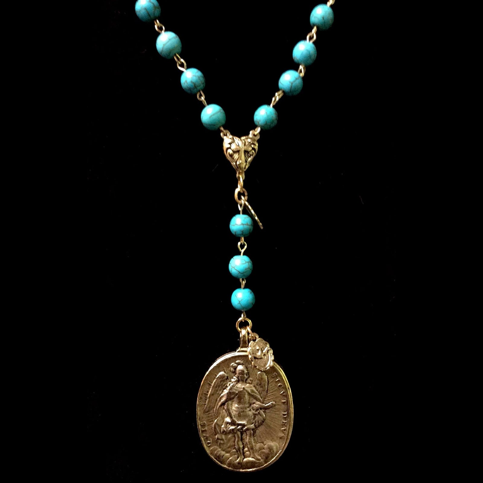 Cristo Rey Rosary Necklace with Saint Michael & Guadalupe in Turquoise