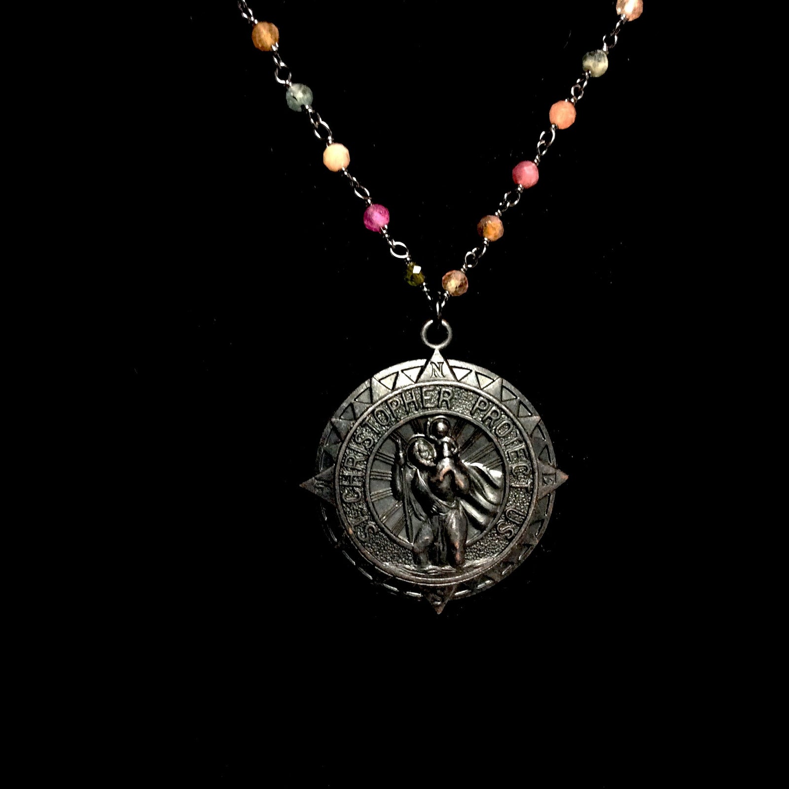 Forgotten Graces Black Saint Christopher Four Directions Medal in Watermelon Tourmaline & Gunmetal Necklace