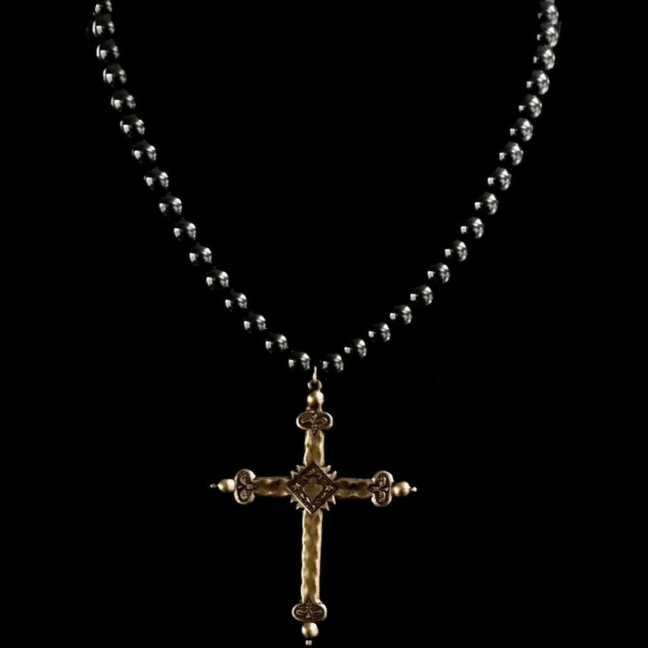 Hematite Sacred Heart Cross Necklace by Whispering Goddess