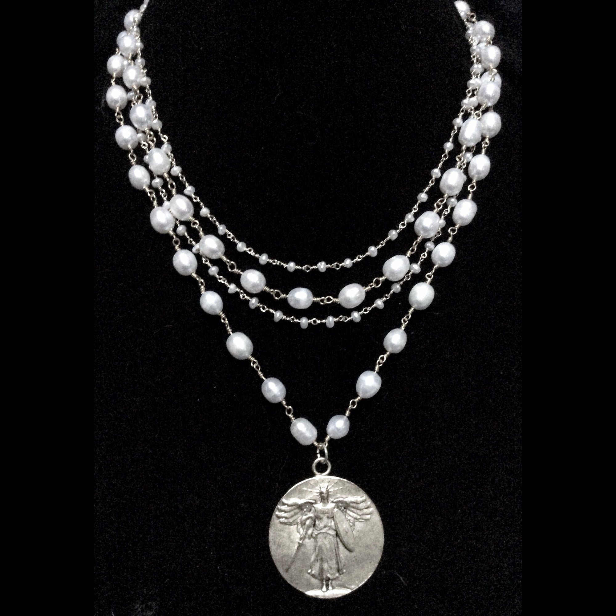 Sophia Freshwater Pearl Saint Michael Necklace in Silver by Whispering Goddess