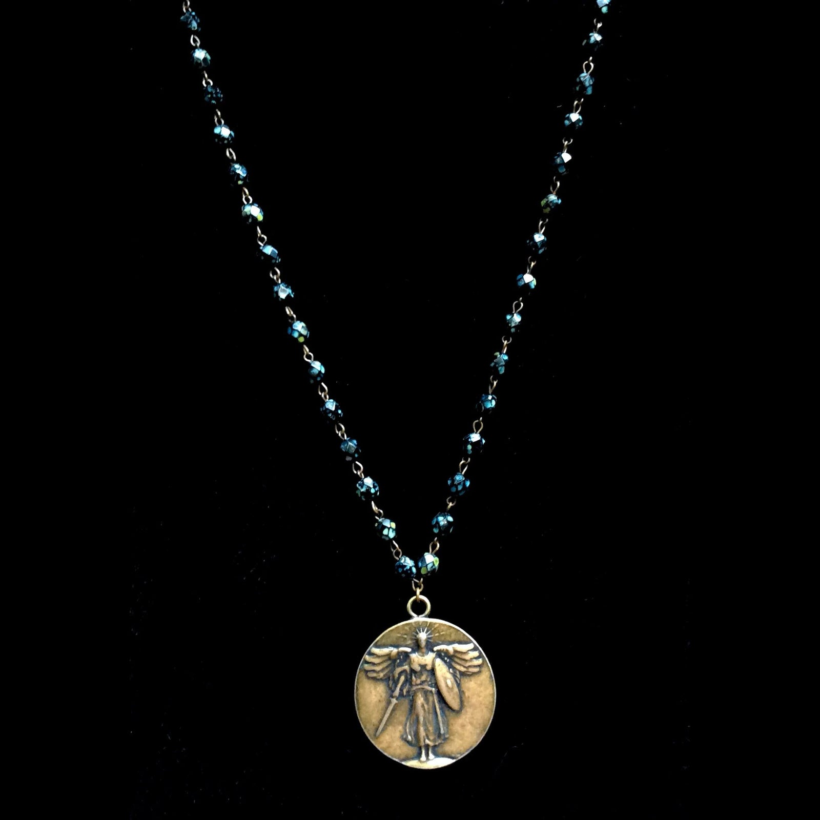 Bronze St. Michael Medallion on Leopardito Hematite Crystal Necklace 36" by Whispering Goddess