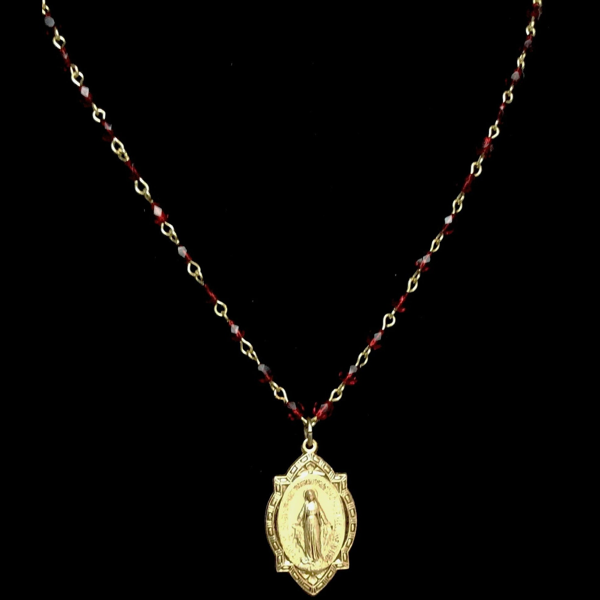 Forgotten Graces Miraculous Medal with Saint Michael in Garnet and Gold Necklace