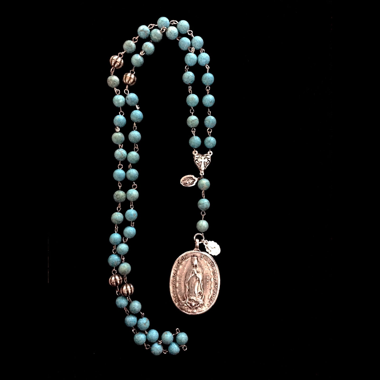 Cristo Rey Rosary Necklace with Saint Michael & Guadalupe in Turquoise and Silver