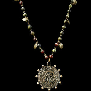 Dragon Stone Saint George with San Benito Fringe Necklace in Bronze
