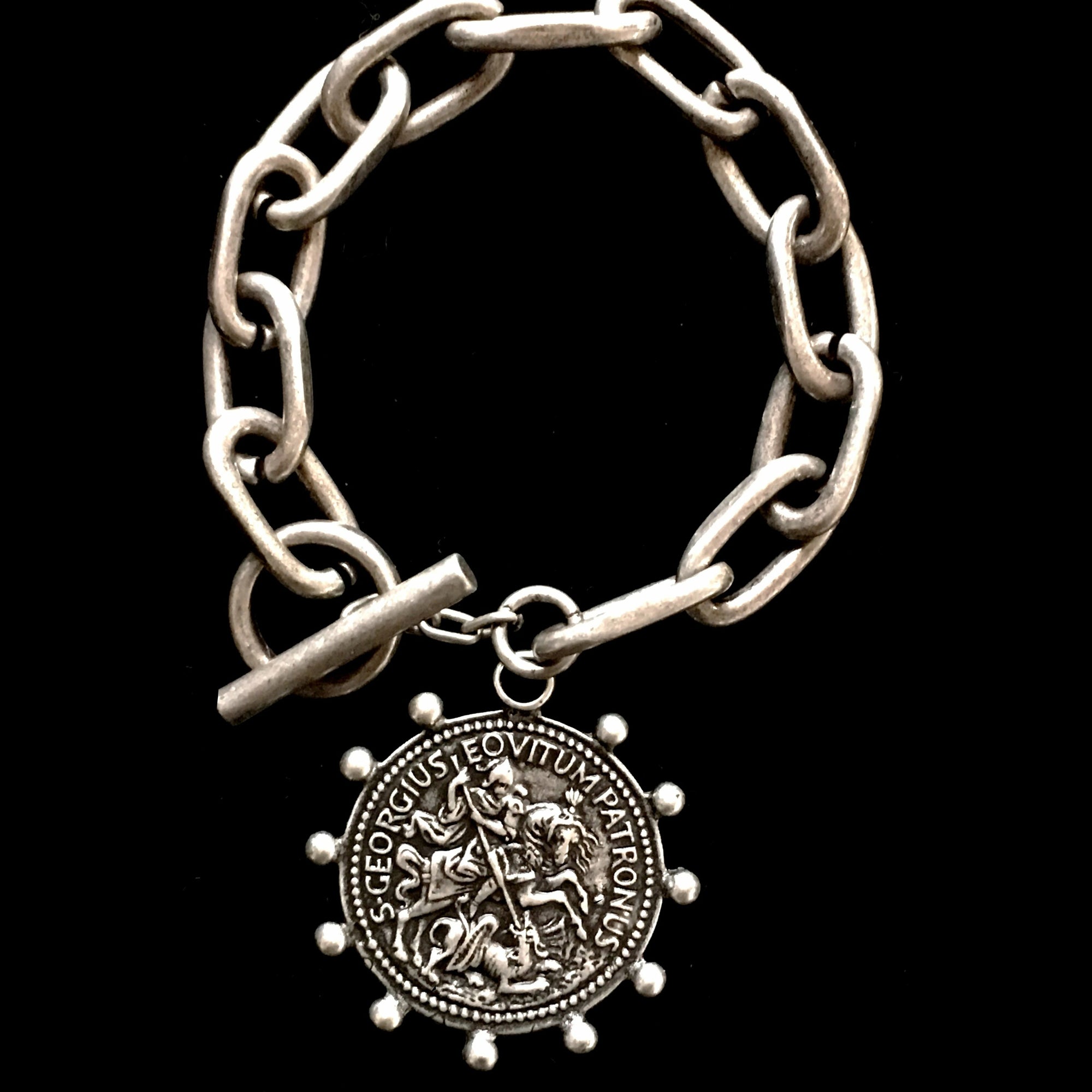 Saint George Patron Saint of Equestrians Chain Link Bracelet by Whispering Goddess - Silver