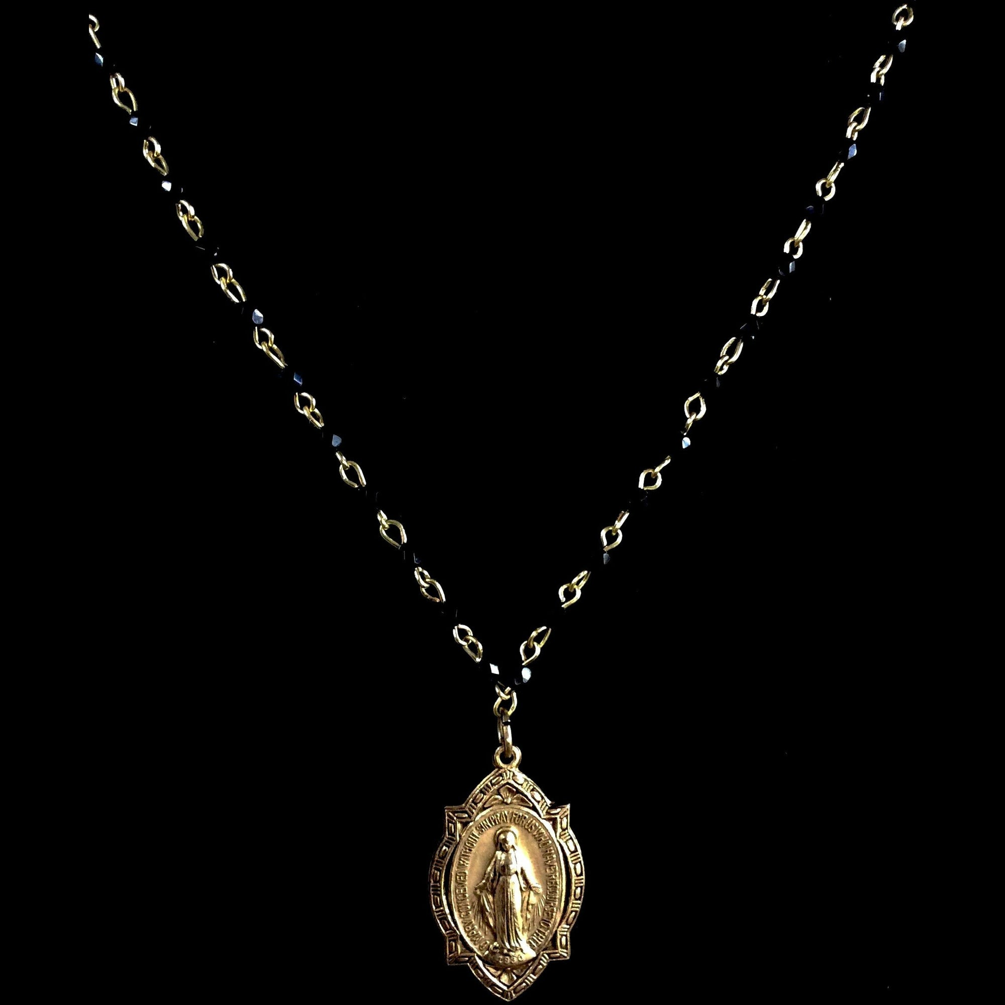 Forgotten Graces Miraculous Medal in Black Jet and Gold Necklace