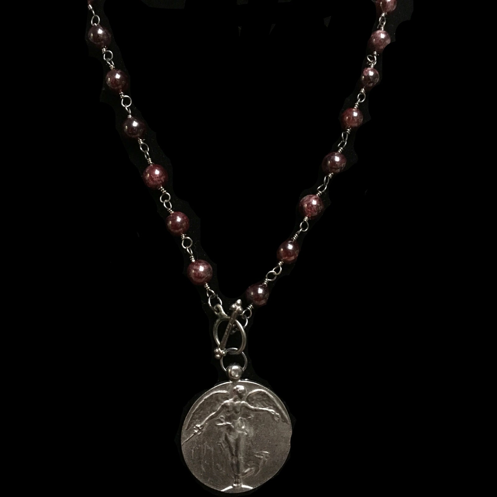 Garnet Peace Angel with Toggle Front in Gunmetal Necklace by Whispering Goddess