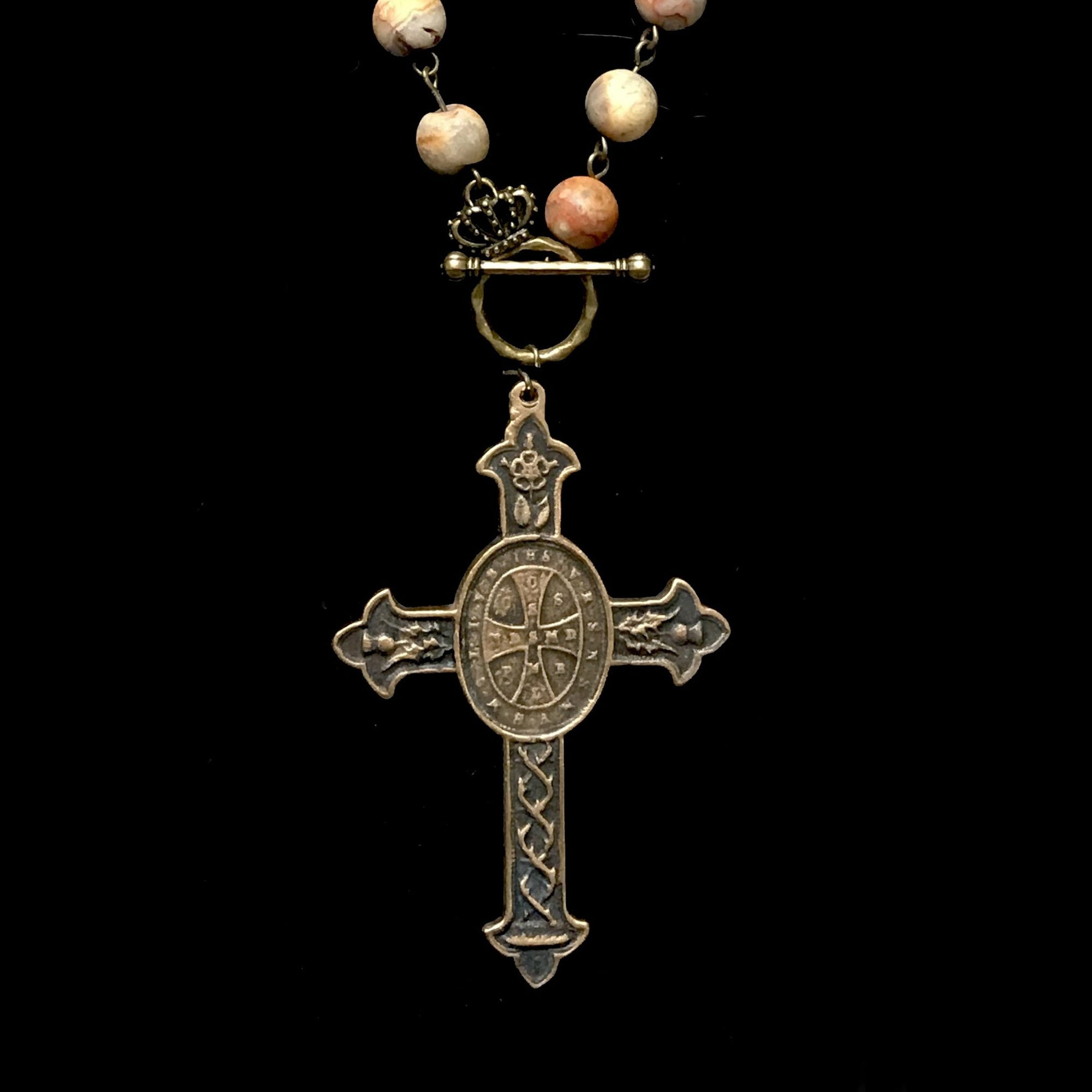 Saint Benedict Cross Crazy Lace Agate & Matte Moonstone