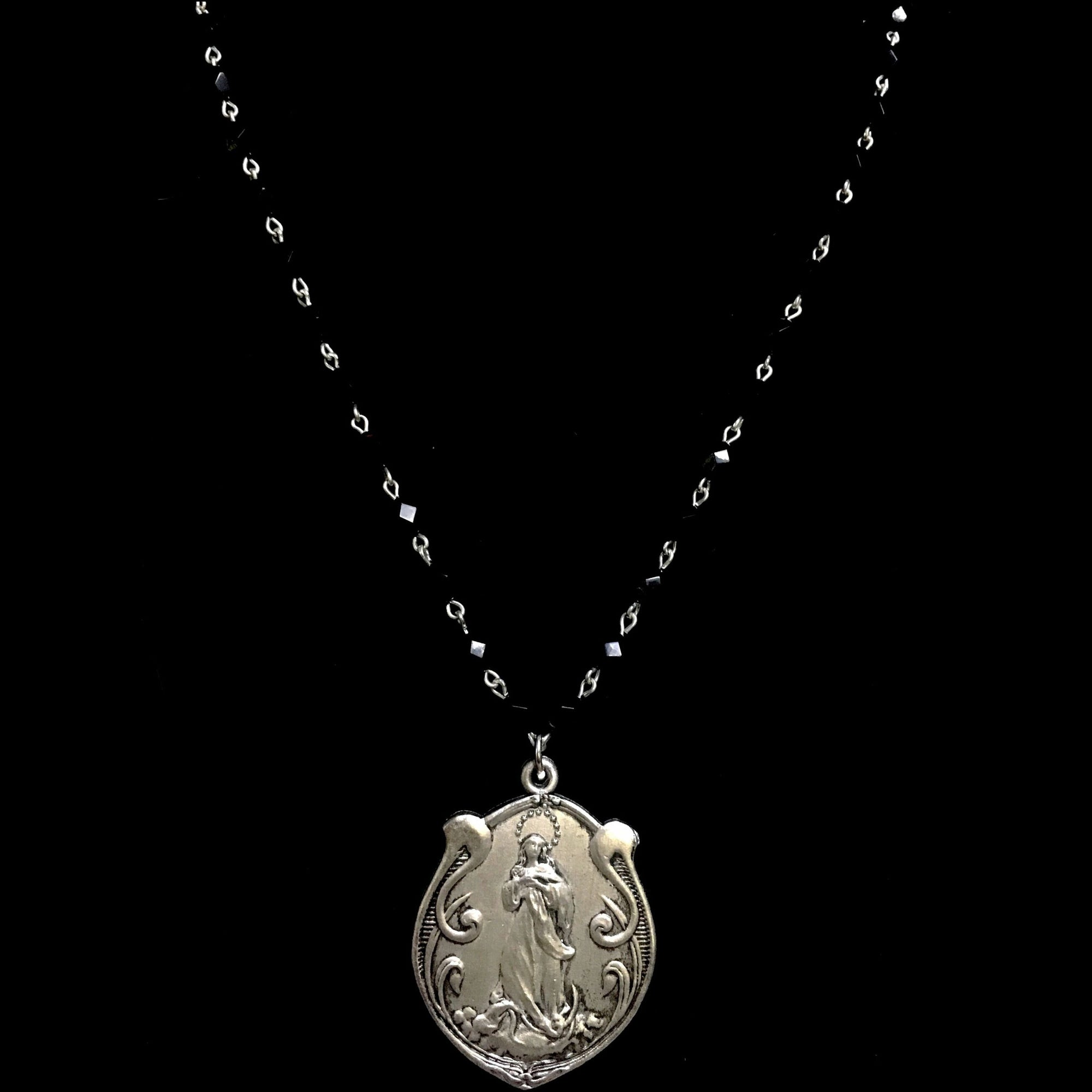 Art Nouveau Madonna Divine Thread Necklace in Black Jet & Silver by Whispering Goddess