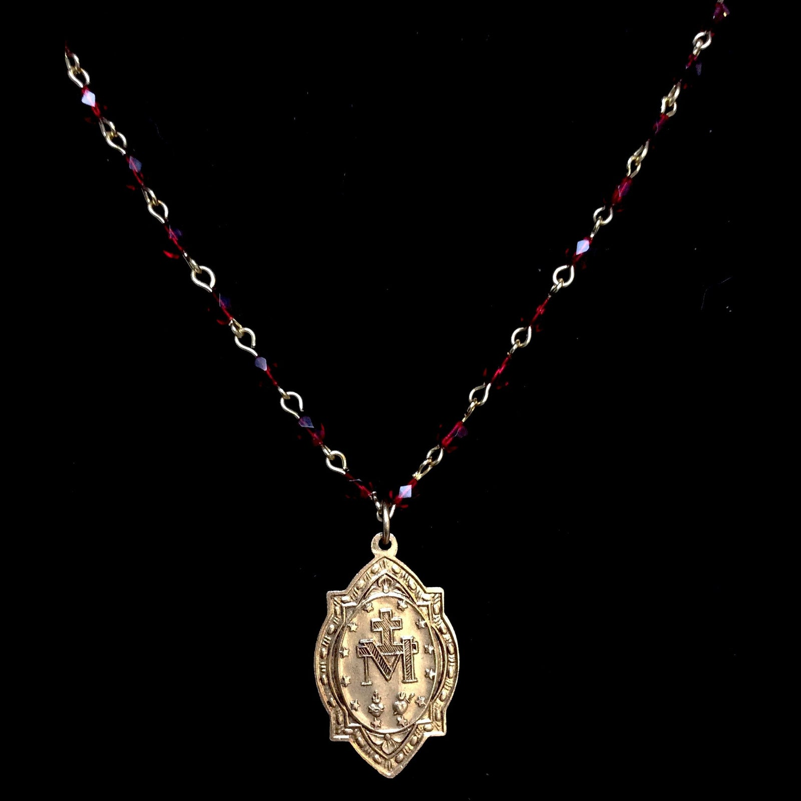 Forgotten Graces Miraculous Medal with Saint Michael in Garnet and Gold Necklace