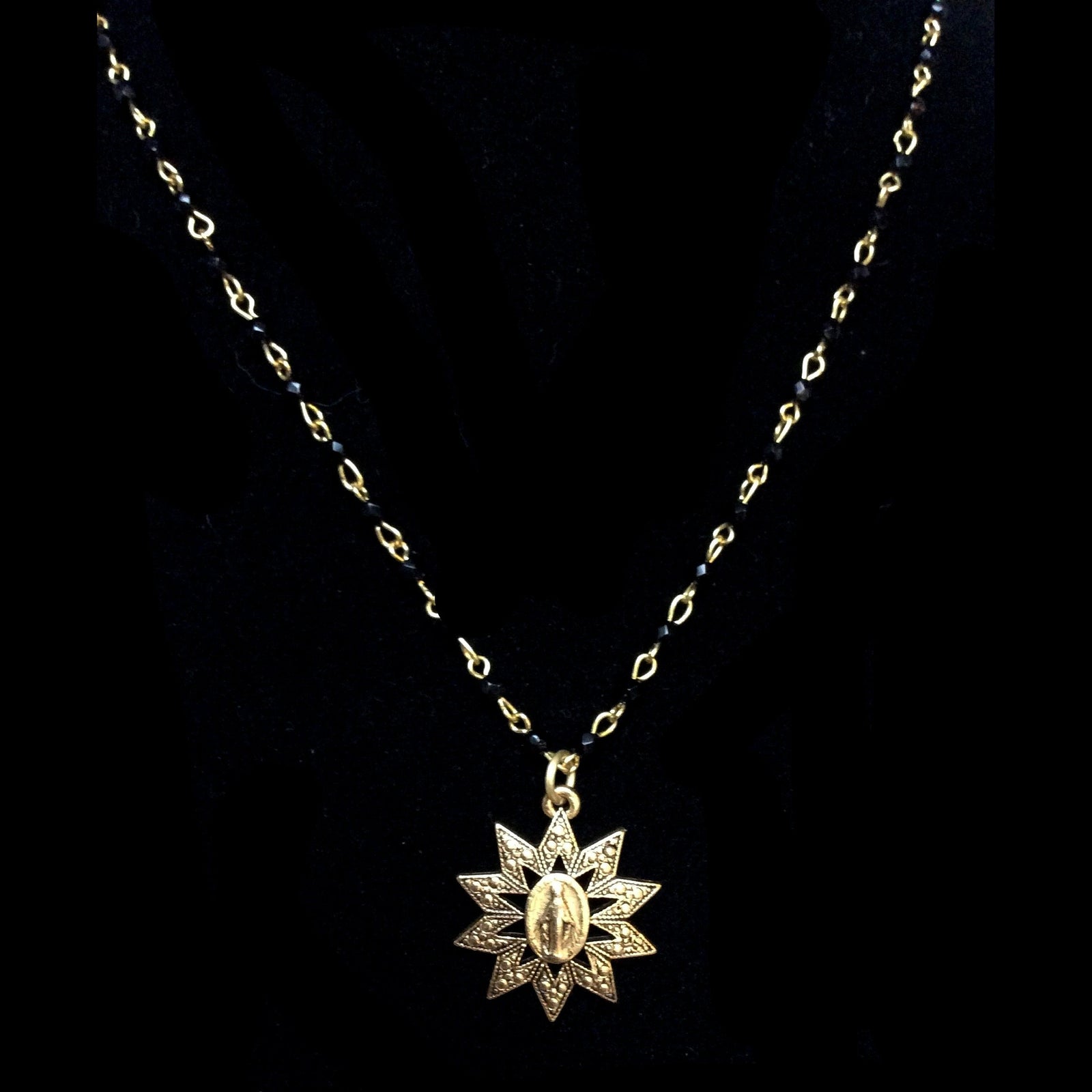 Forgotten Graces "Miraculous Rays" Medal in Black Jet and Gold Necklace