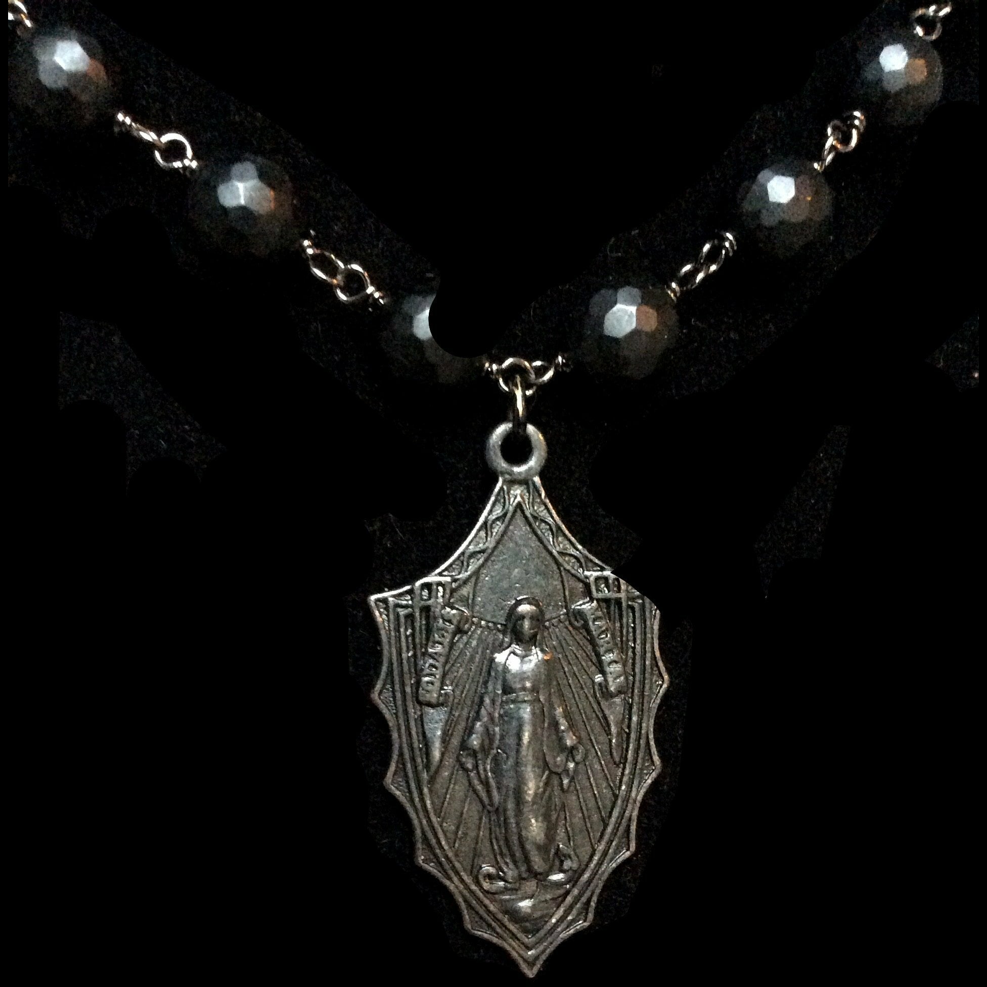 Forgotten Graces Miraculous Medal in Gunmetal and Faceted Black Jasper Necklace