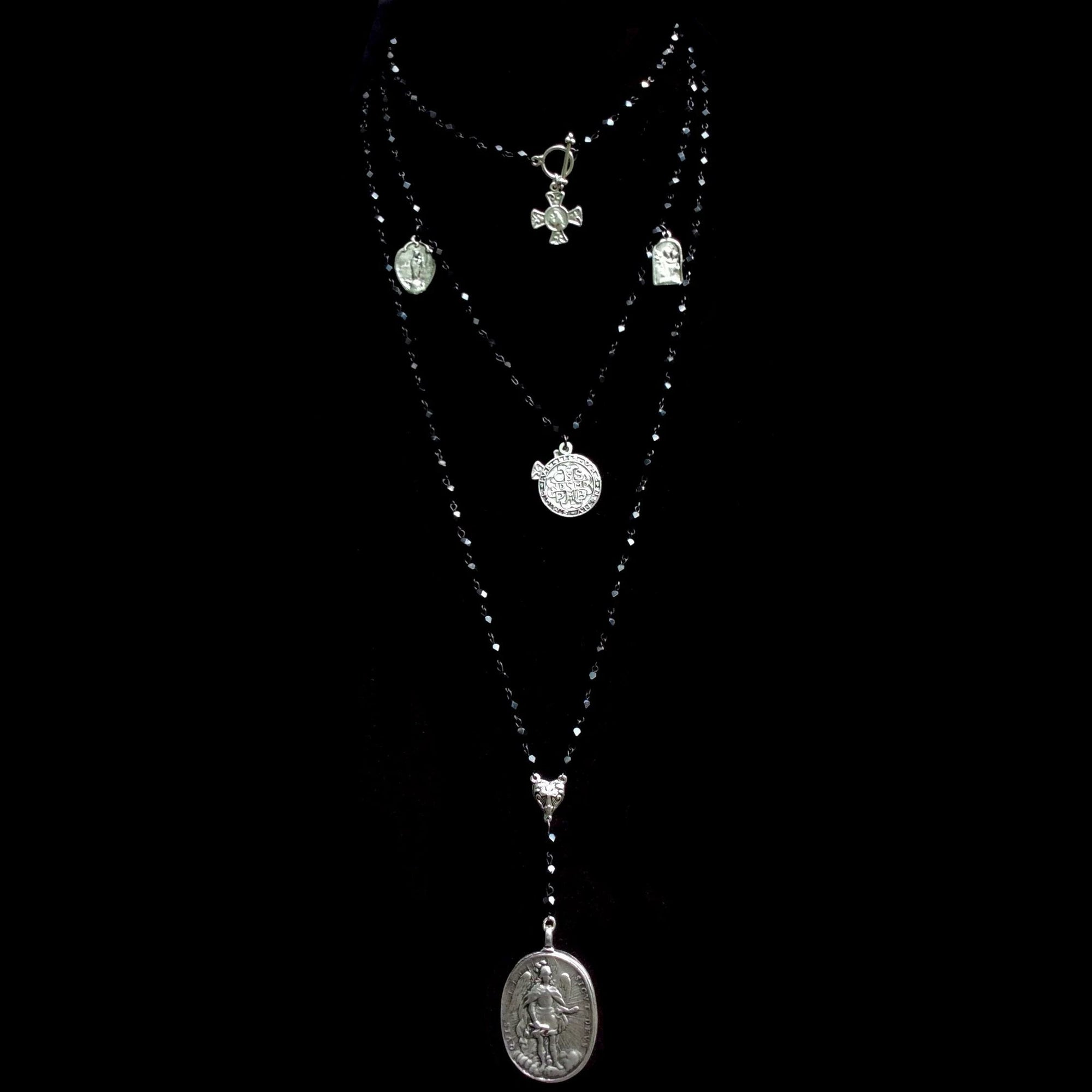 Cristo Rey & Sacred Path Wrap Set on Faceted Black Jet & Gunmetal