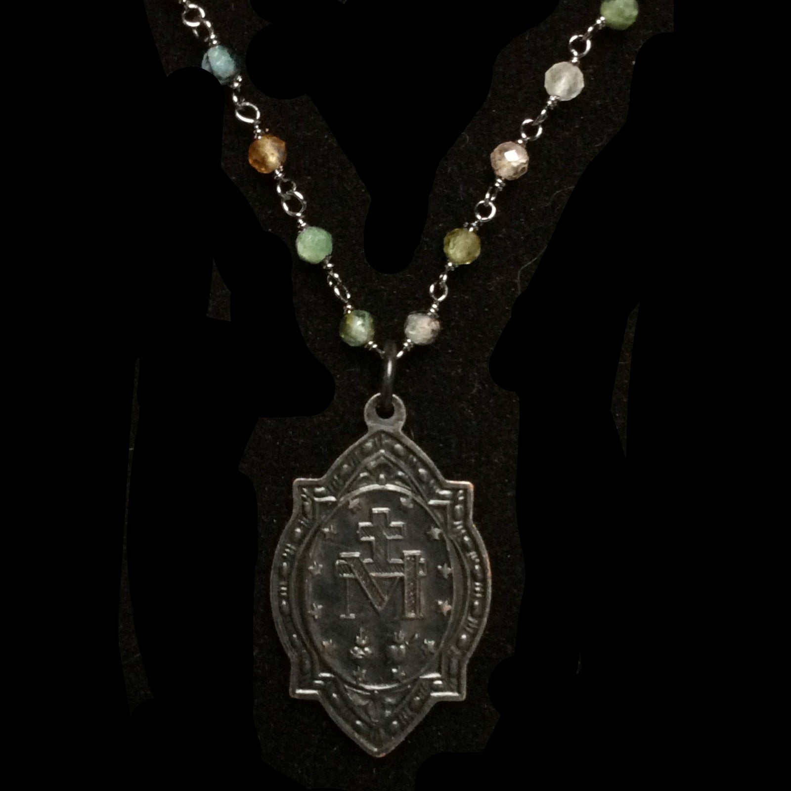 Forgotten Graces Black Miraculous Medal in Watermelon Tourmlaine  and Gunmetal Necklace