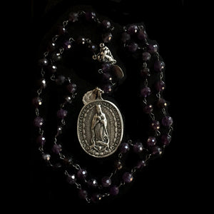 LImited Edition Cristo Rey Rosary Necklace with Saint Michael  in Faceted Amethyst & Silver