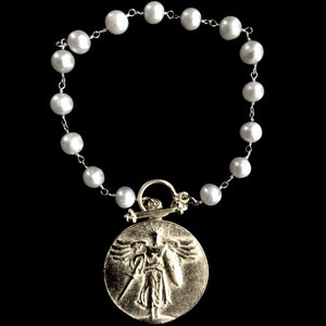 Saint Michael Victory Medallion Freshwater Pearl Bracelet by Whispering Goddess - Silver