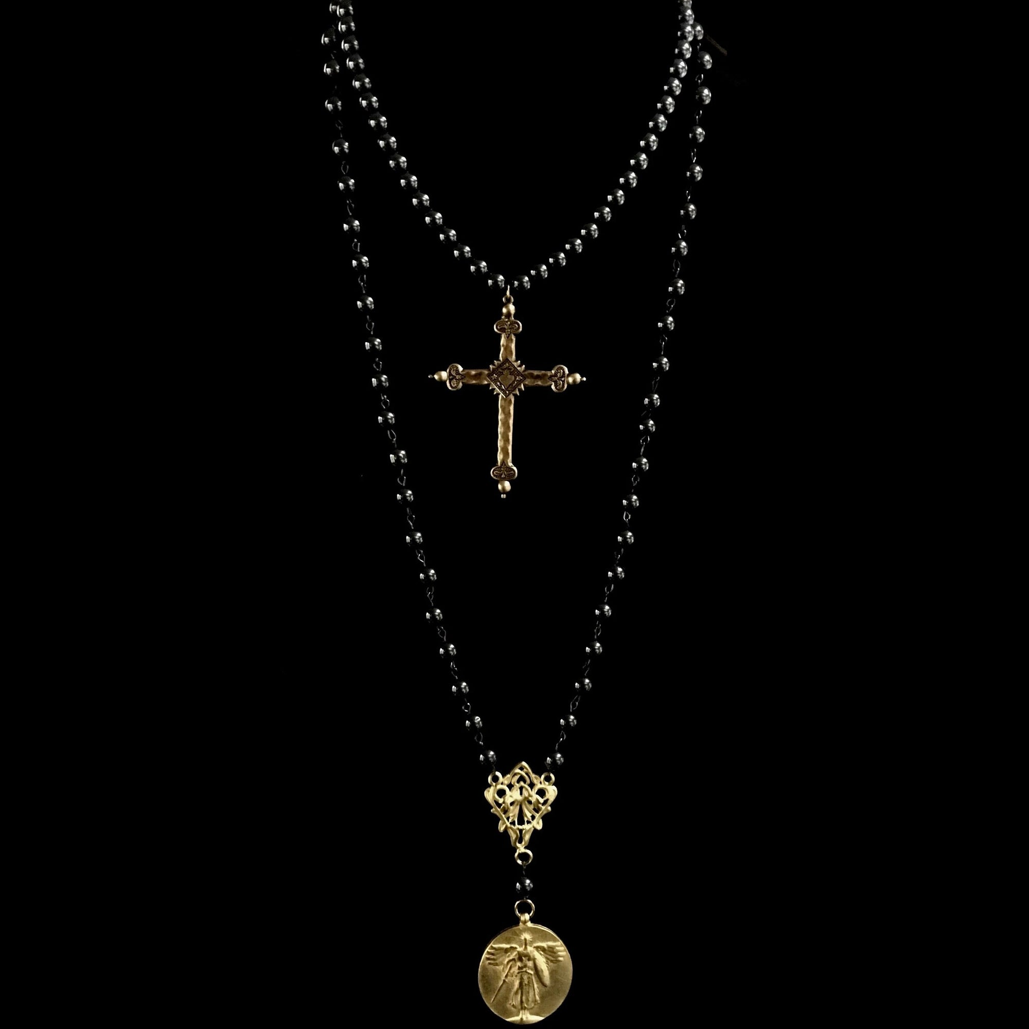 Hematite Sacred Heart Cross Necklace by Whispering Goddess