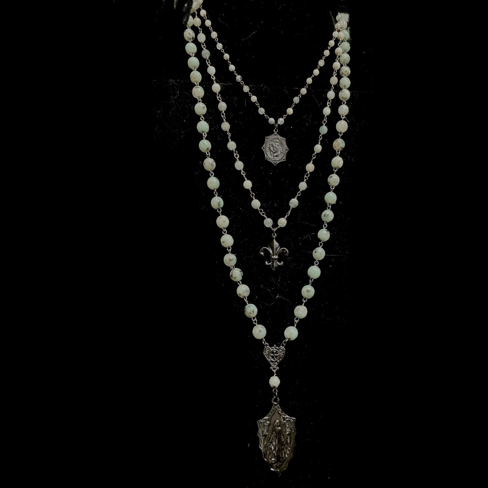 Black Madonna Triple Strand Necklace in Kiwi Dalmatian Jasper by Whispering Goddess