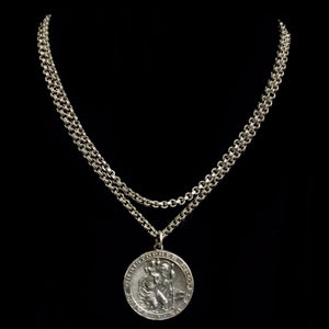 Saint Christopher Medal on  Etched Box Chain Necklace in Sterling Silver