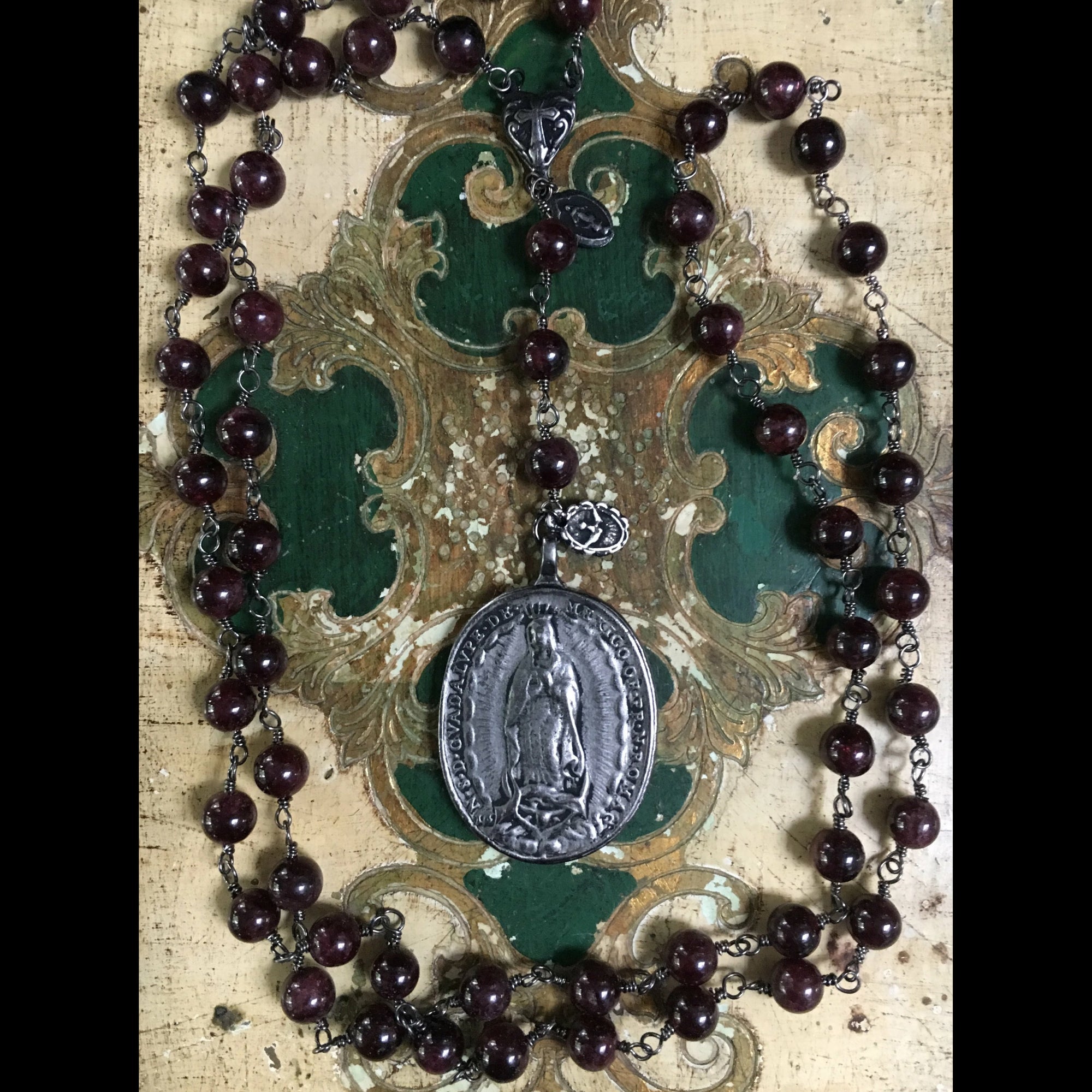 Garnet Cristo Rey Rosary Necklace with Saint Michael & Guadalupe in Gunmetal