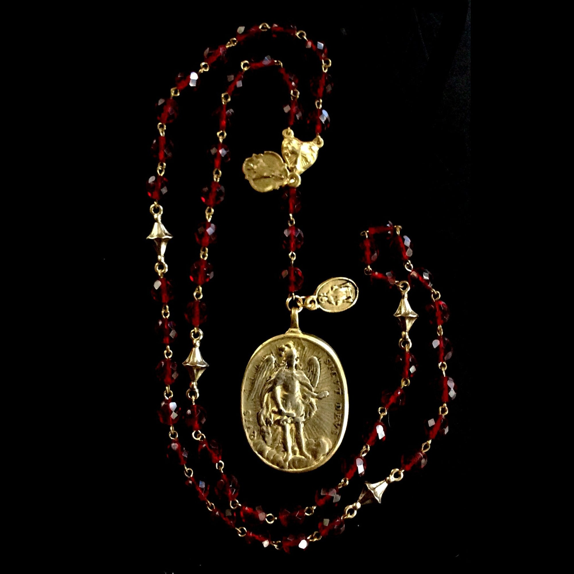 Cristo Rey Rosary Necklace with Saint Michael & Guadalupe in Garnet & Gold