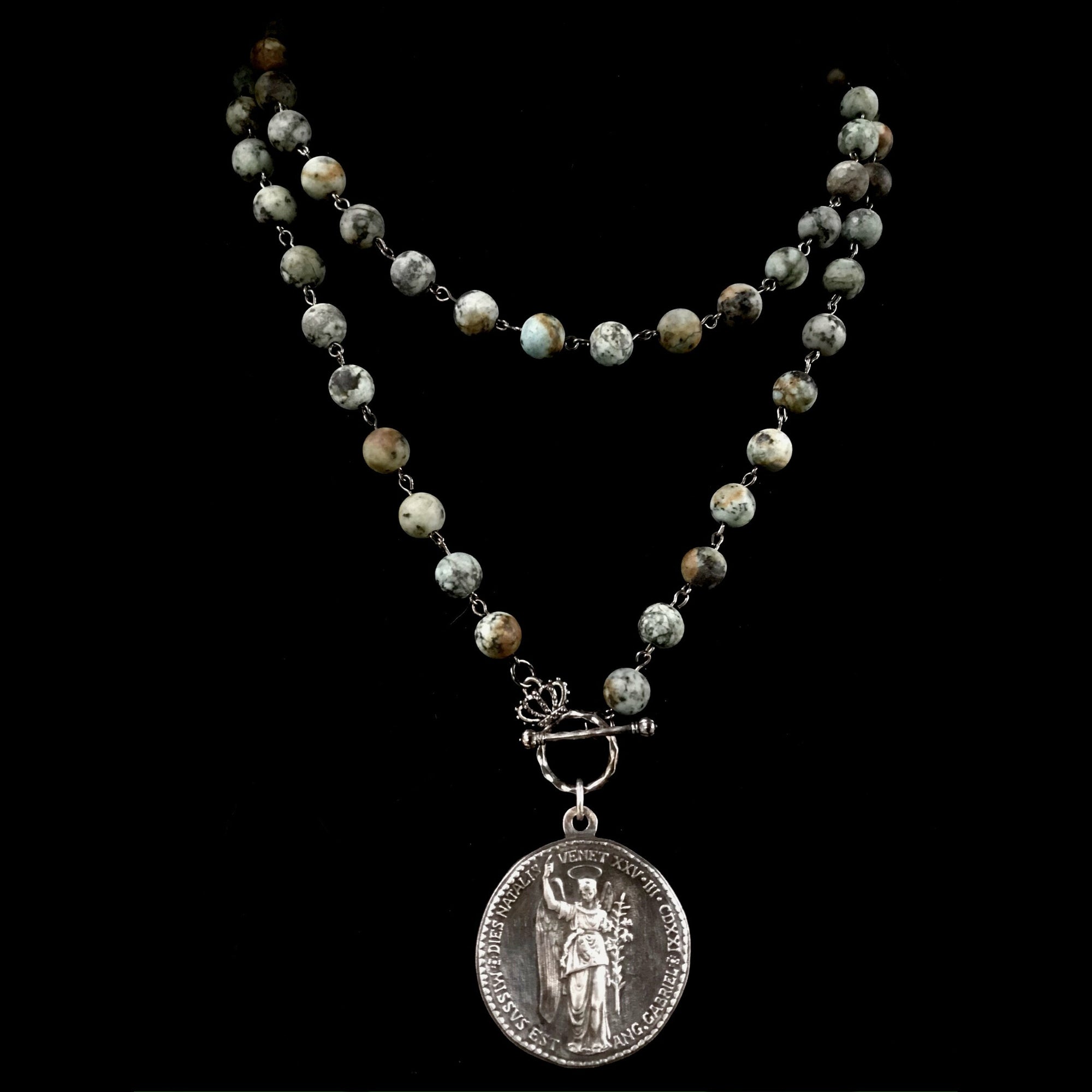 Wisdom of the Ages Theotokos and Saint Gabriel Necklace in African Turquoise - Sterling Silver