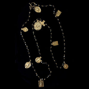 Sacred Path Wrap Necklace & Bracelet  on Faceted Black Jet & Gold 36"