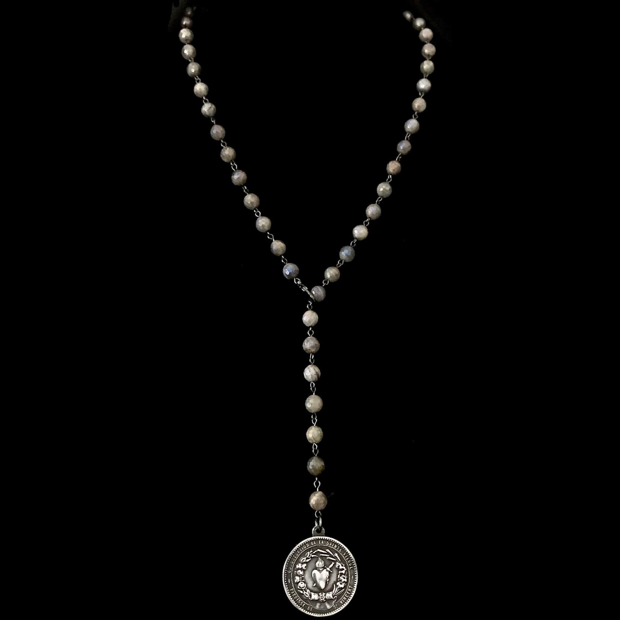 Sacred Heart Lariat Necklace in Labradorite & Gunmetal by Whispering Goddess