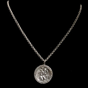 Saint Christopher Medal on  Etched Box Chain Necklace in Sterling Silver