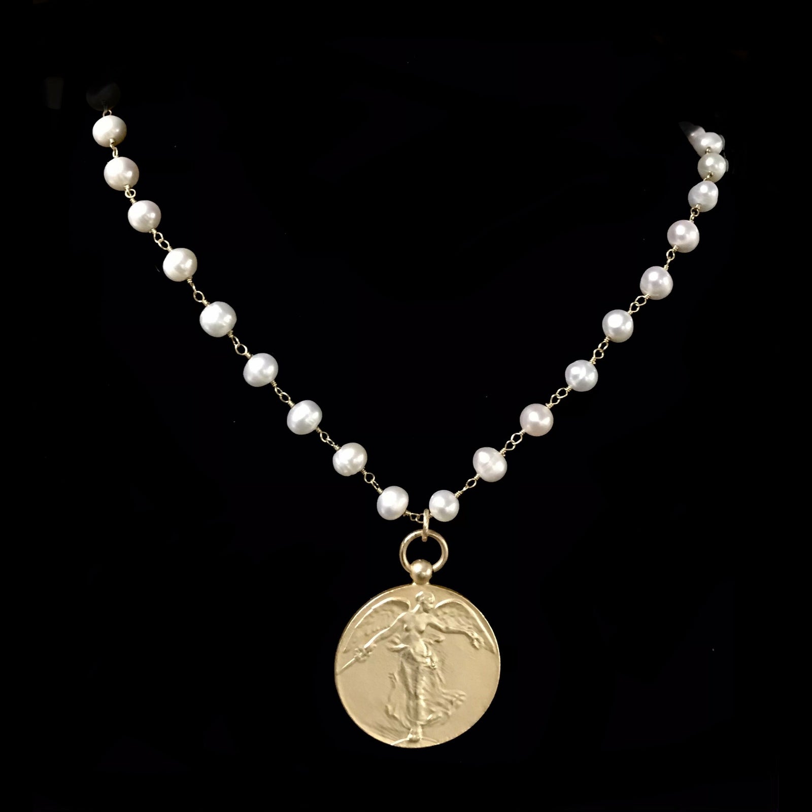 Peace Angel Single Strand Freshwater Pearl Necklace 17" - Gold
