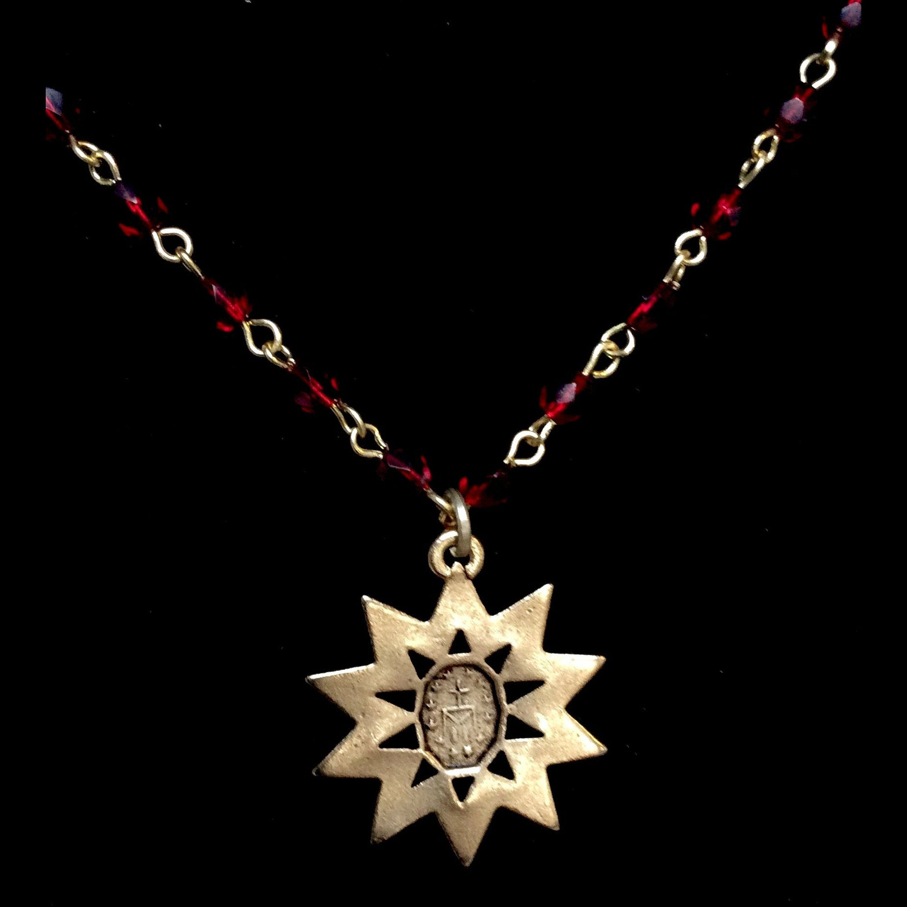 Forgotten Graces "Miraculous Rays" Medal in Garnet and Gold Necklace
