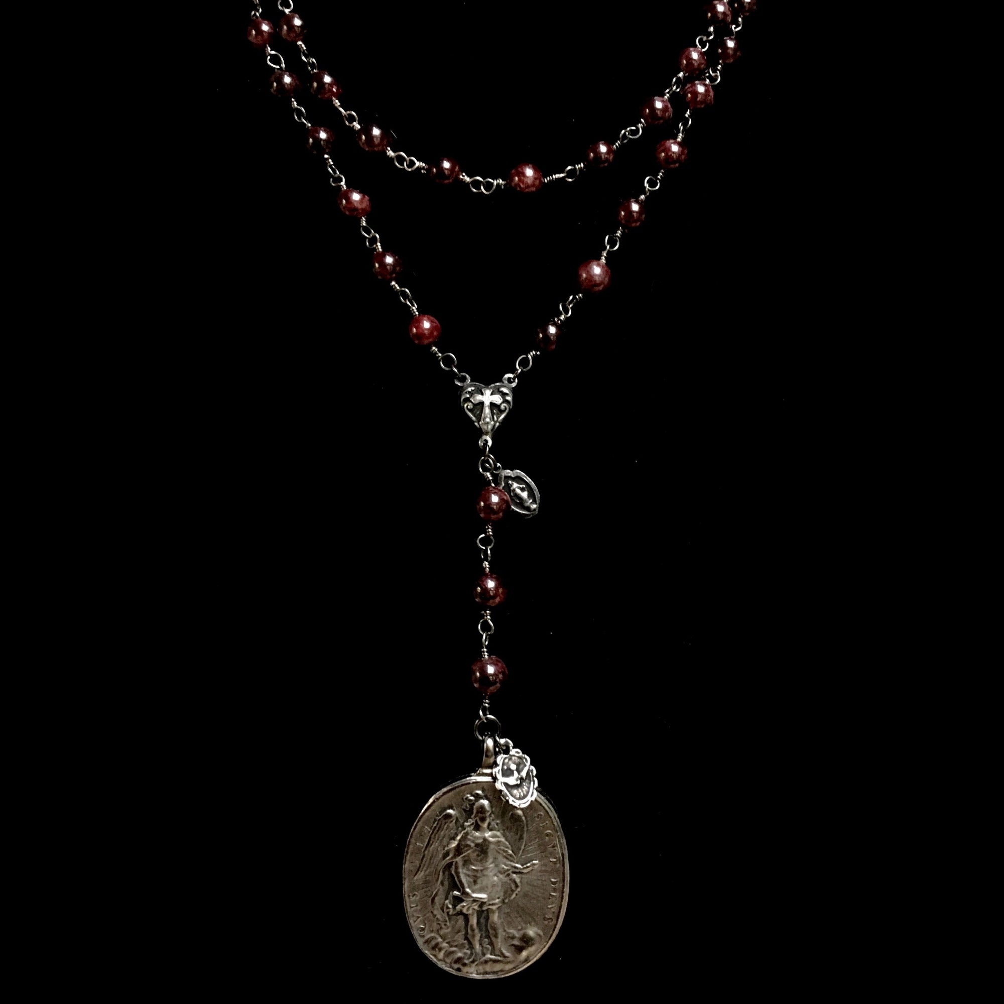Garnet Cristo Rey Rosary Necklace with Saint Michael & Guadalupe in Gunmetal