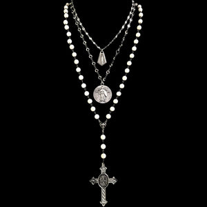 Illumination Saint Benedict with St. Michael & Mary  White Turquoise Necklace by Whispering Goddess