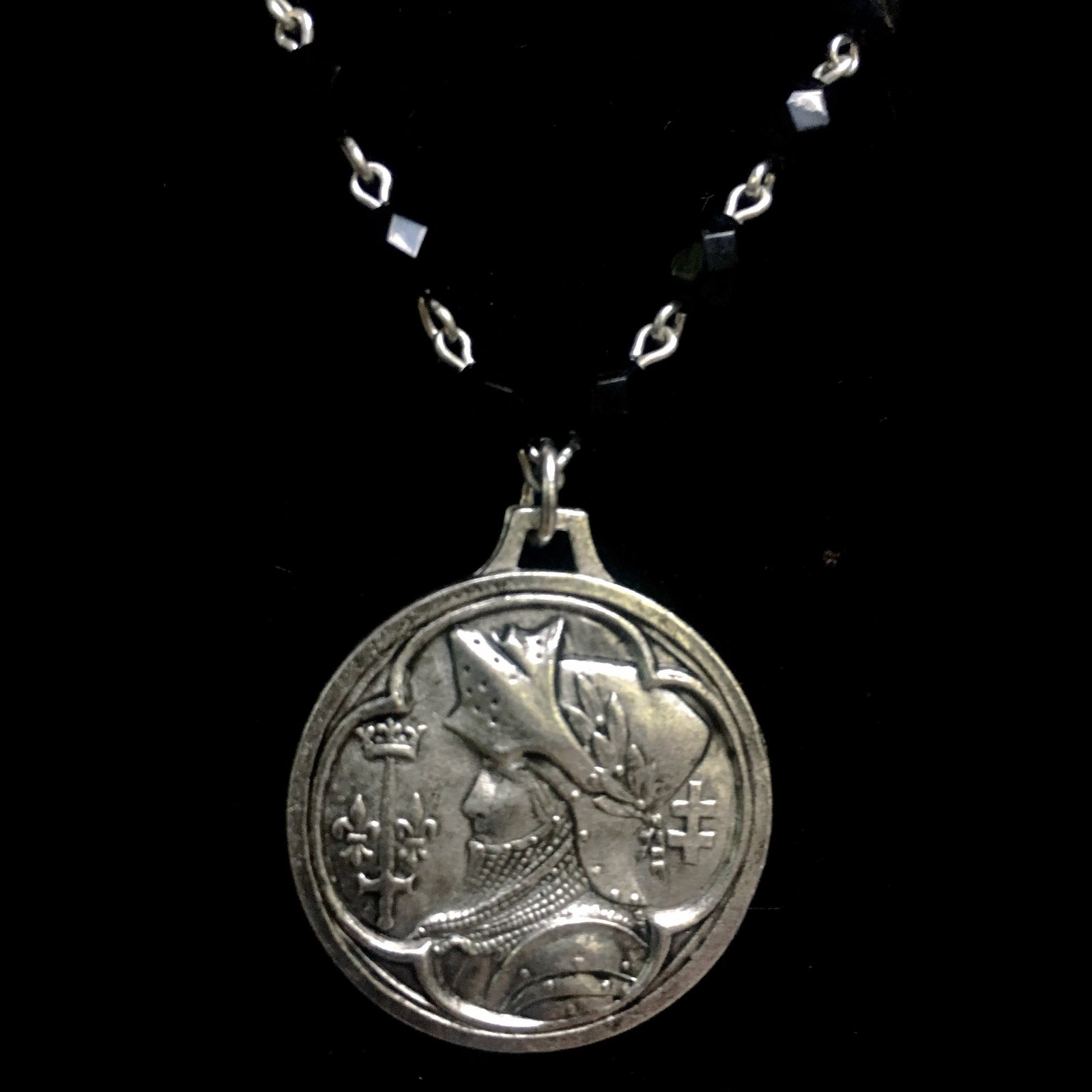 36" Saint Joan of Arc "Single Destiny" Necklace  Silver & Black Jet by Whispering Goddess