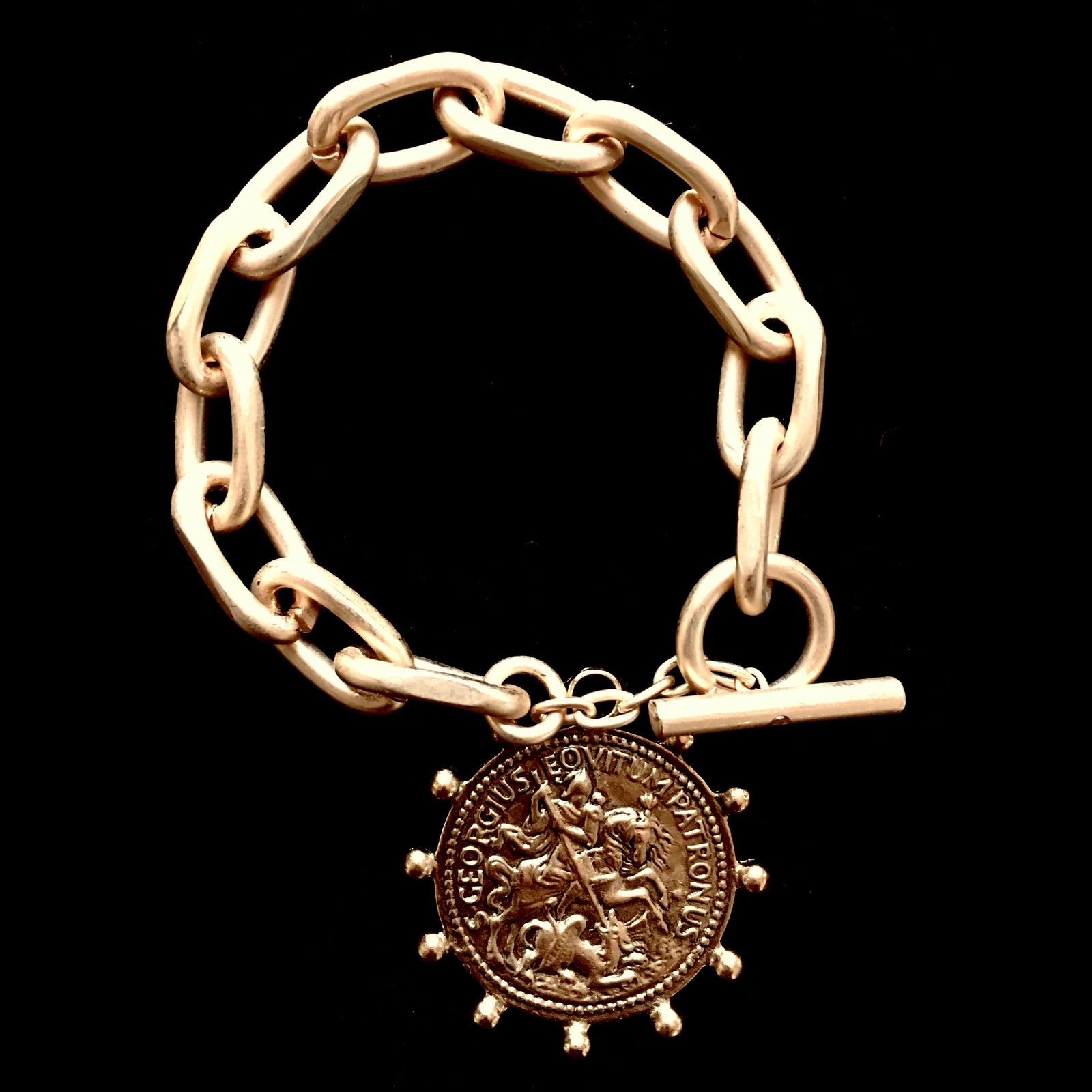 Saint George Patron Saint of Equestrians Chain Link Bracelet by Whispering Goddess - Gold