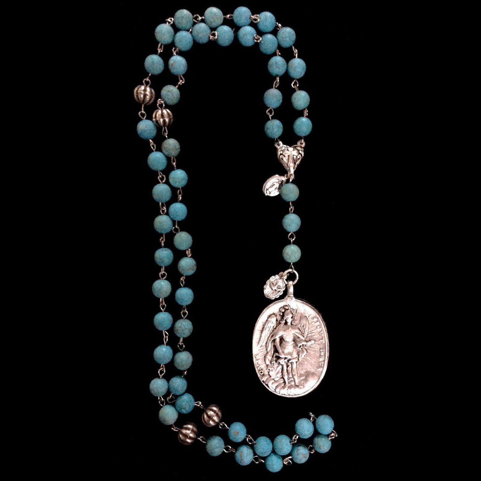 Cristo Rey Rosary Necklace with Saint Michael & Guadalupe in Turquoise and Silver