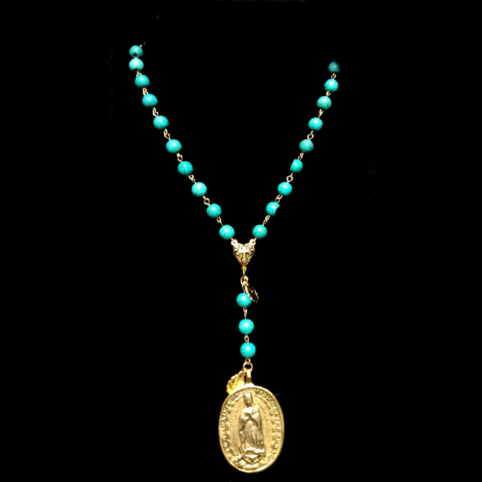 Cristo Rey Rosary Necklace with Saint Michael & Guadalupe in Turquoise