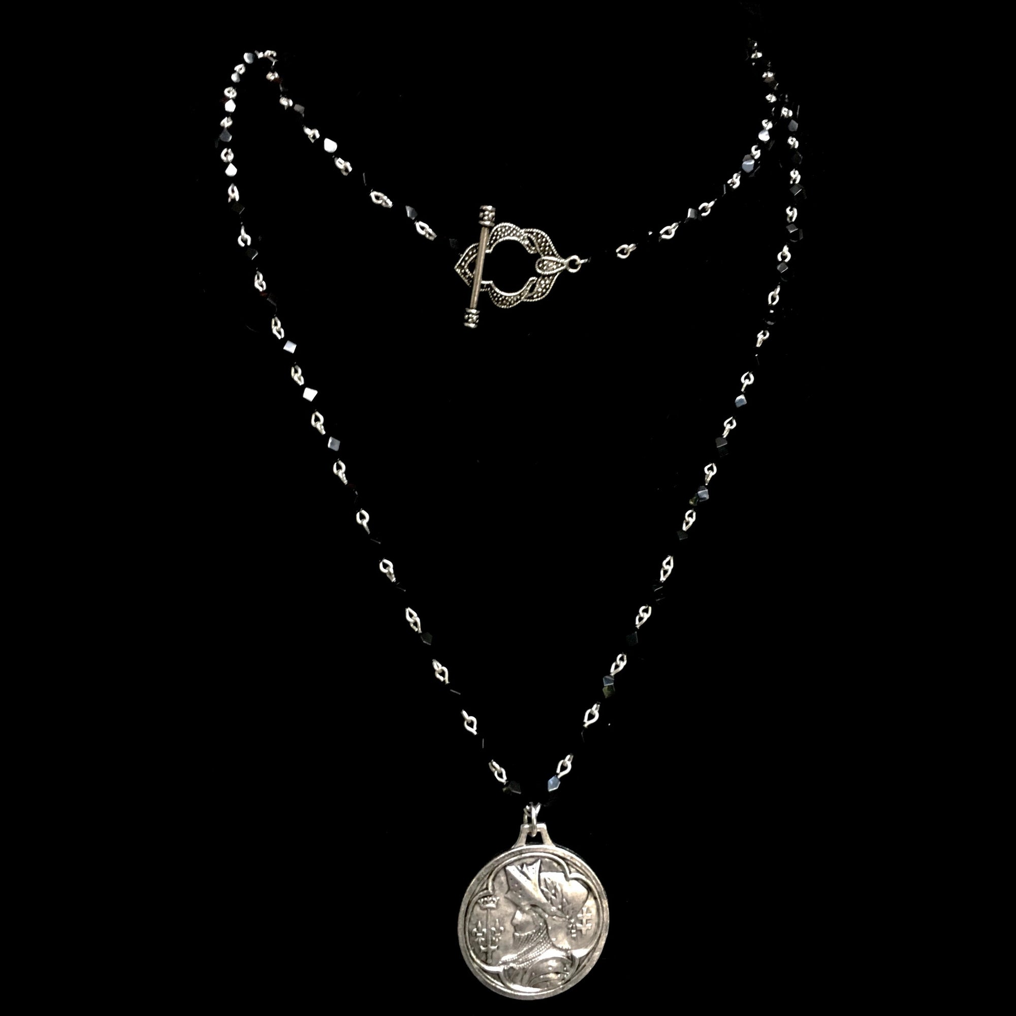 36" Saint Joan of Arc "Single Destiny" Necklace  Silver & Black Jet by Whispering Goddess
