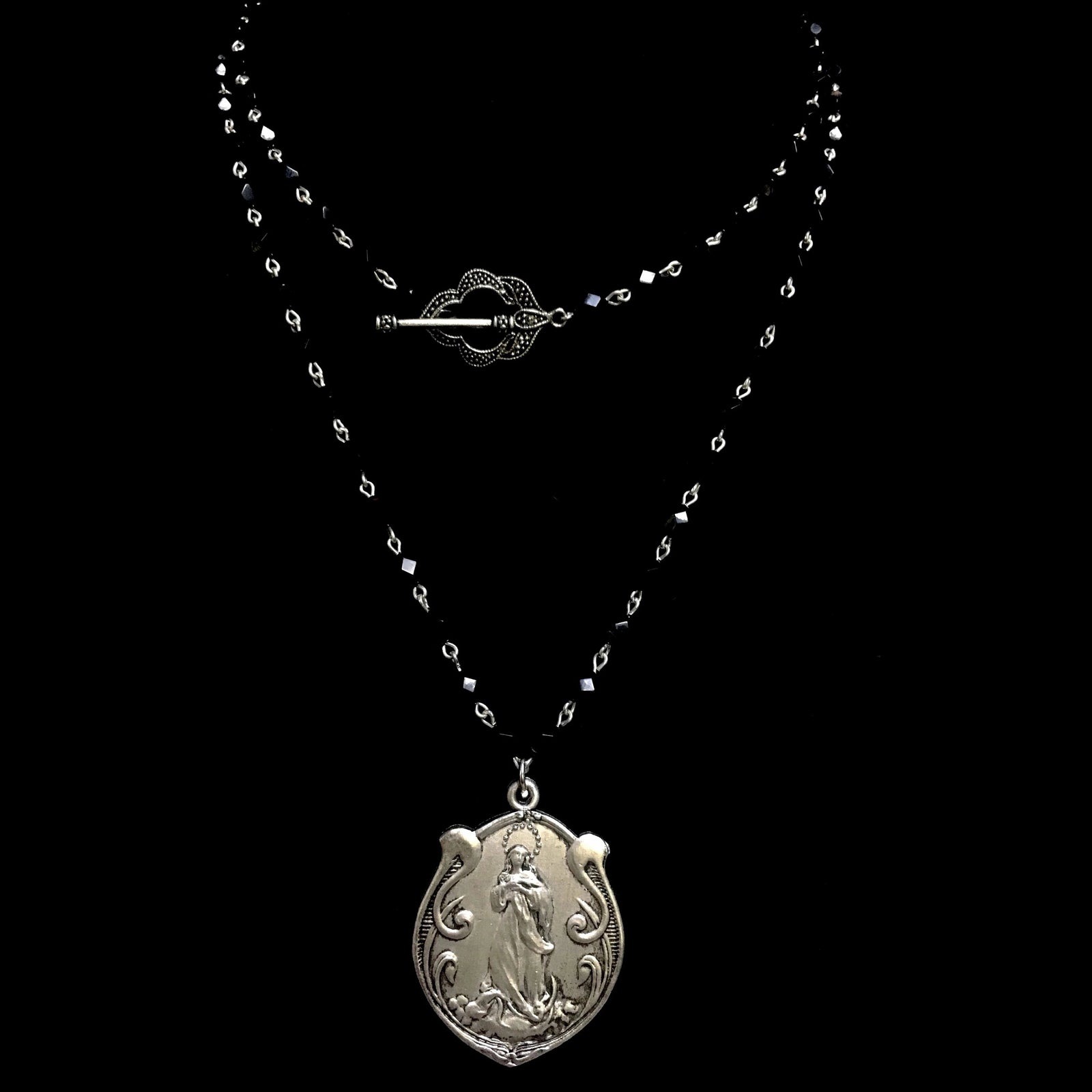 Art Nouveau Madonna Divine Thread Necklace in Black Jet & Silver by Whispering Goddess