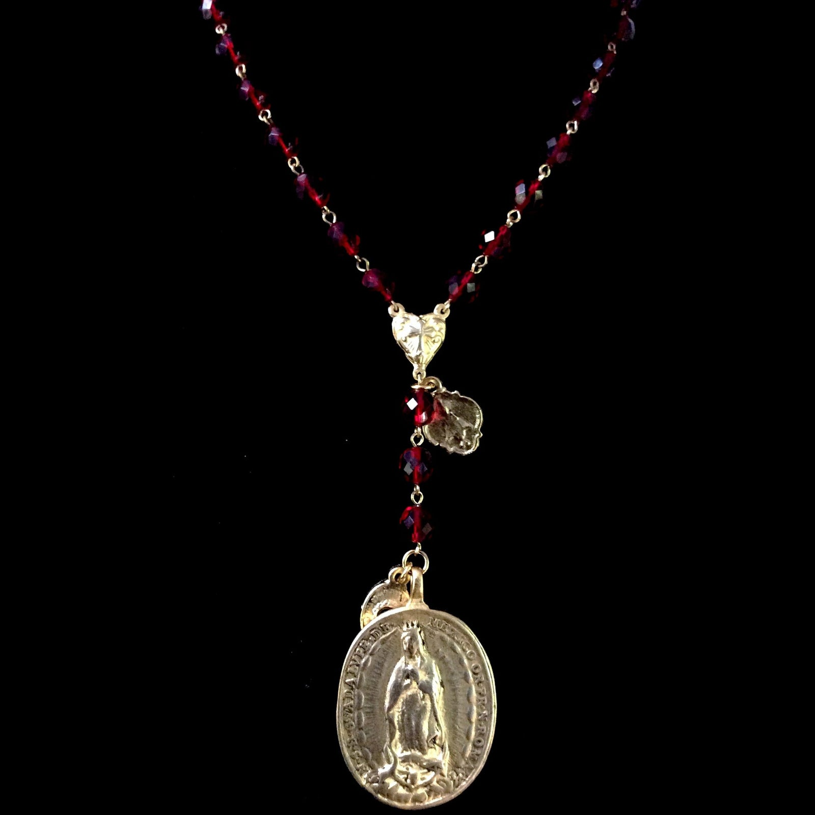 Cristo Rey Rosary Necklace with Saint Michael & Guadalupe in Garnet & Gold