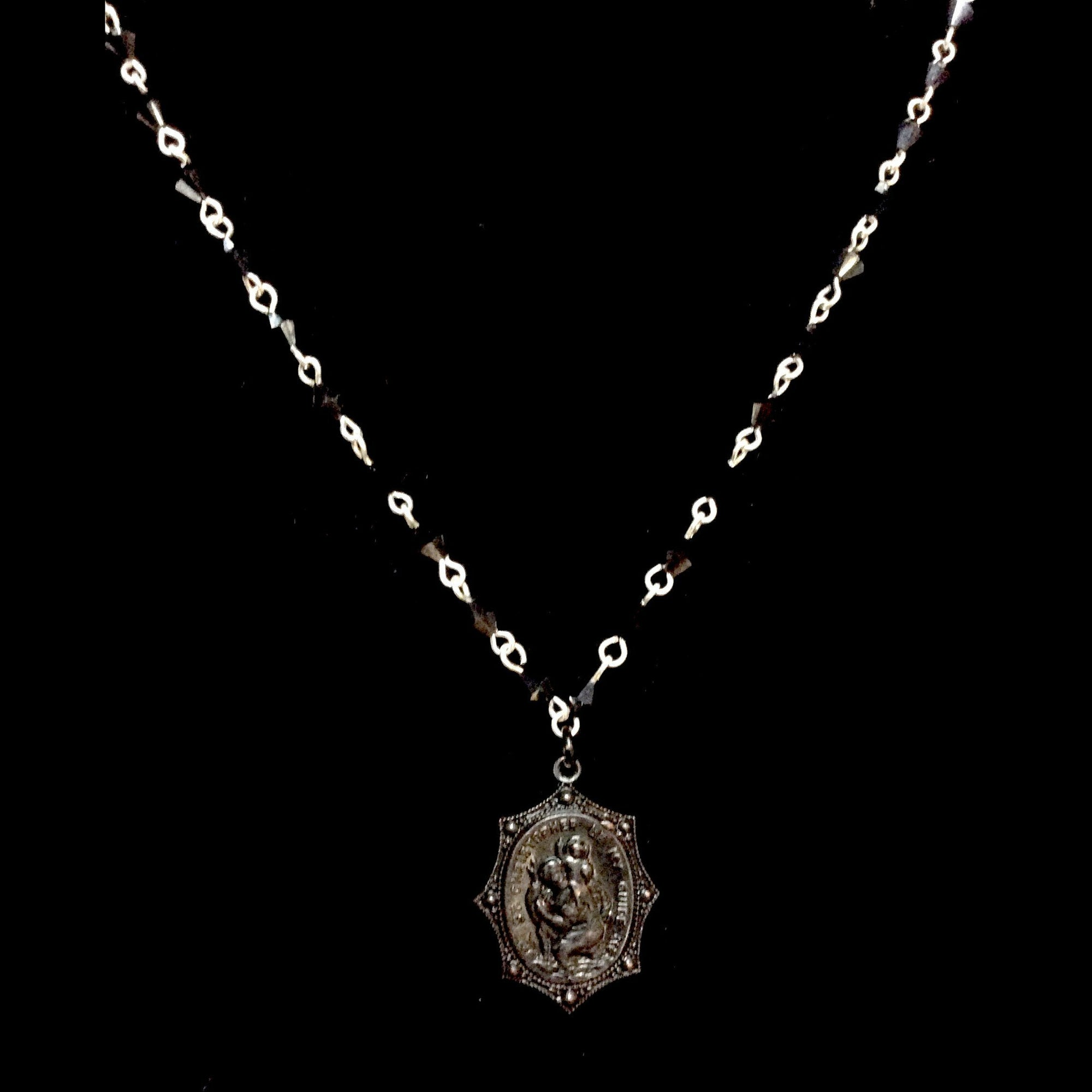 Forgotten Graces Black Saint Christopher Medal in Bicone Hematite and Silver Necklace