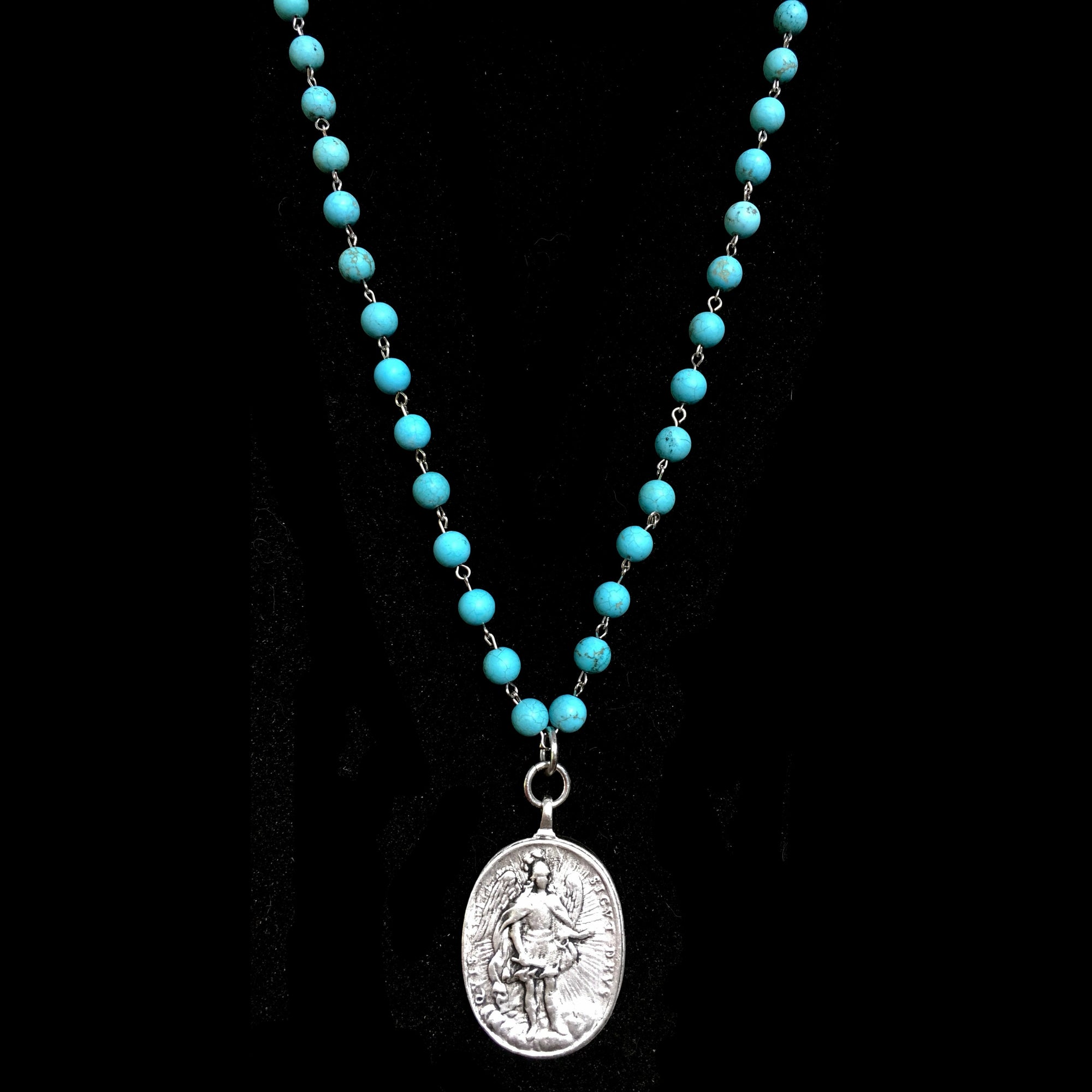 Cristo Rey Turquoise Necklace with Saint Michael & Guadalupe in Silver