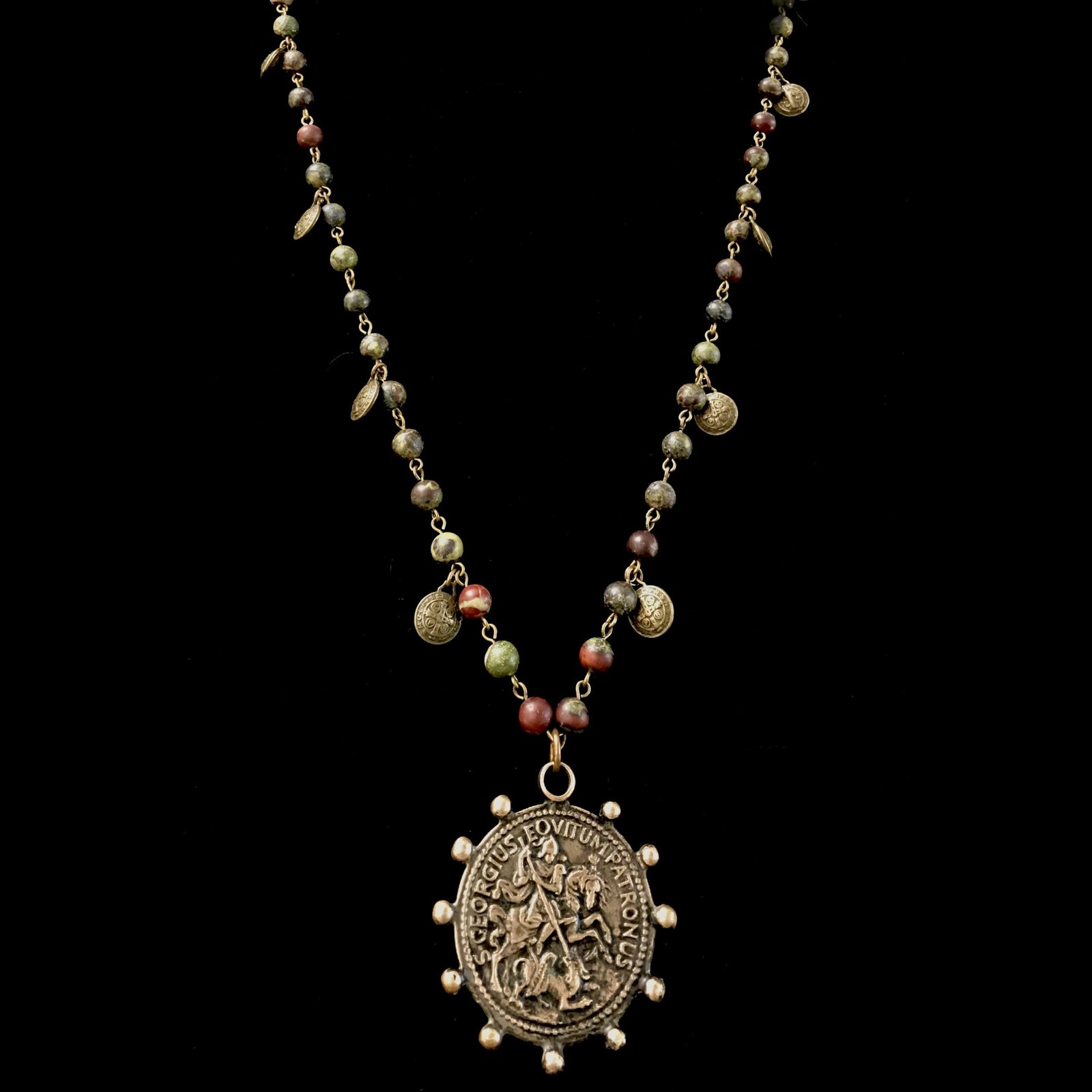 Dragon Stone Saint George with San Benito Fringe Necklace in Bronze
