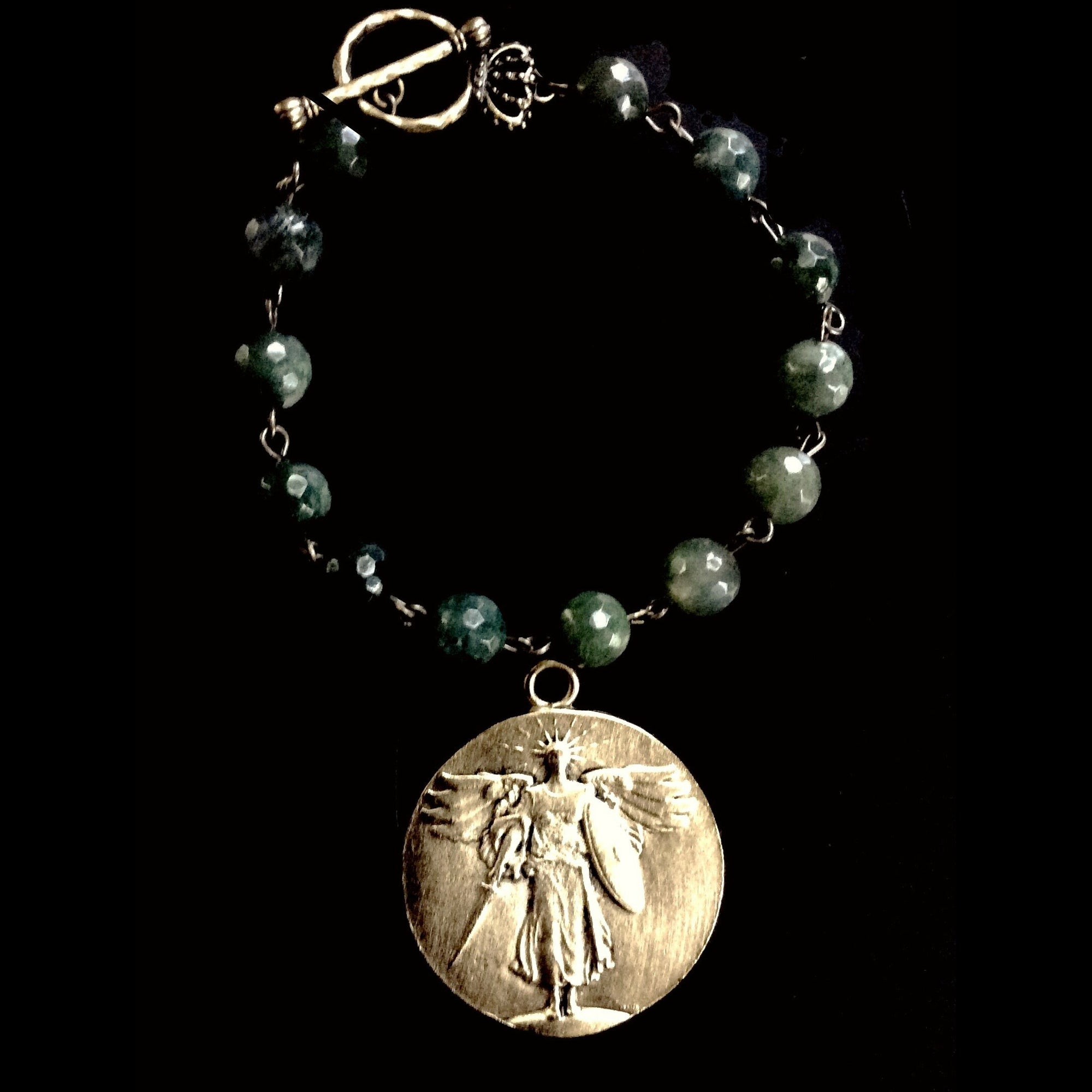 Saint Michael Victory Medallion Moss Fusion Bracelet by Whispering Goddess - Gunmetal
