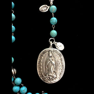 Cristo Rey Rosary Necklace with Saint Michael & Guadalupe in Turquoise and Silver
