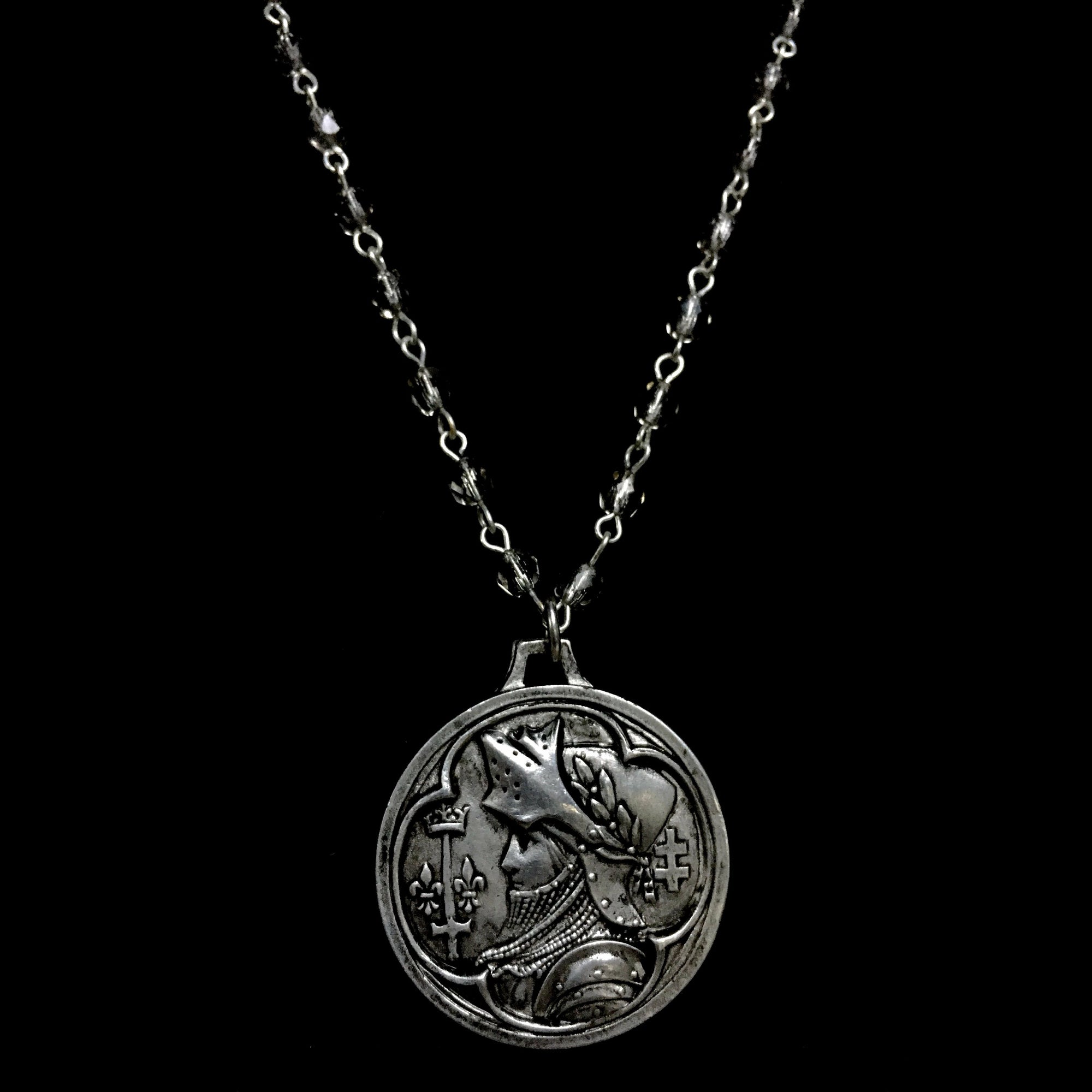 36" Saint Joan of Arc "Single Destiny" Necklace Silver & Black Diamond by Whispering Goddess